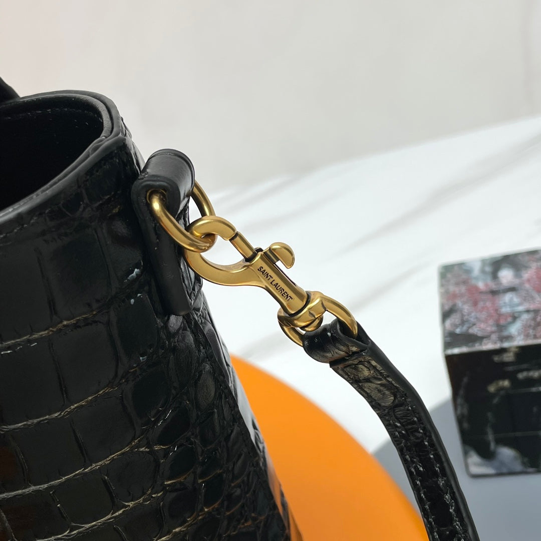 Black Crocodile Embossed Leather Mini Tote Bag - Elegant Crossbody Handbag