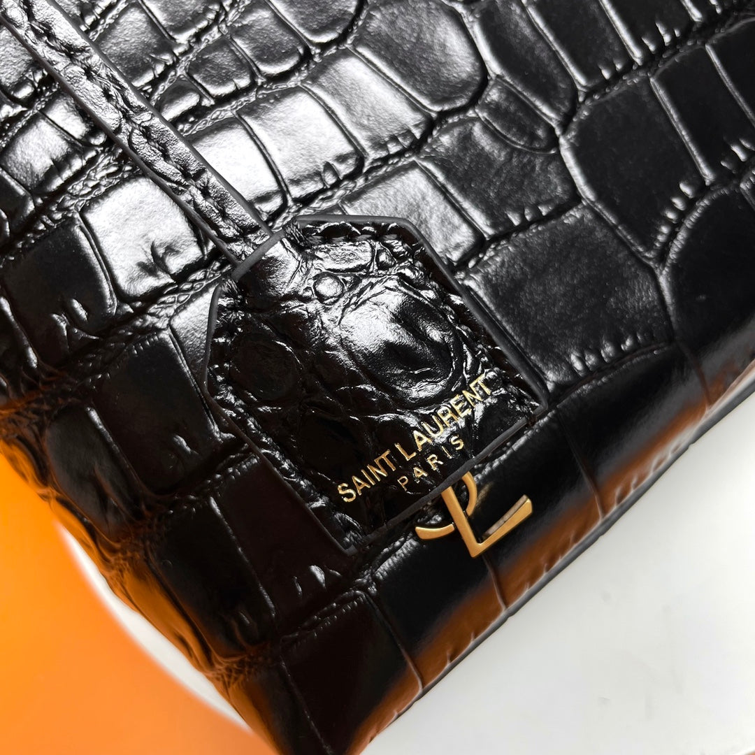Black Crocodile Embossed Leather Mini Tote Bag - Elegant Crossbody Handbag