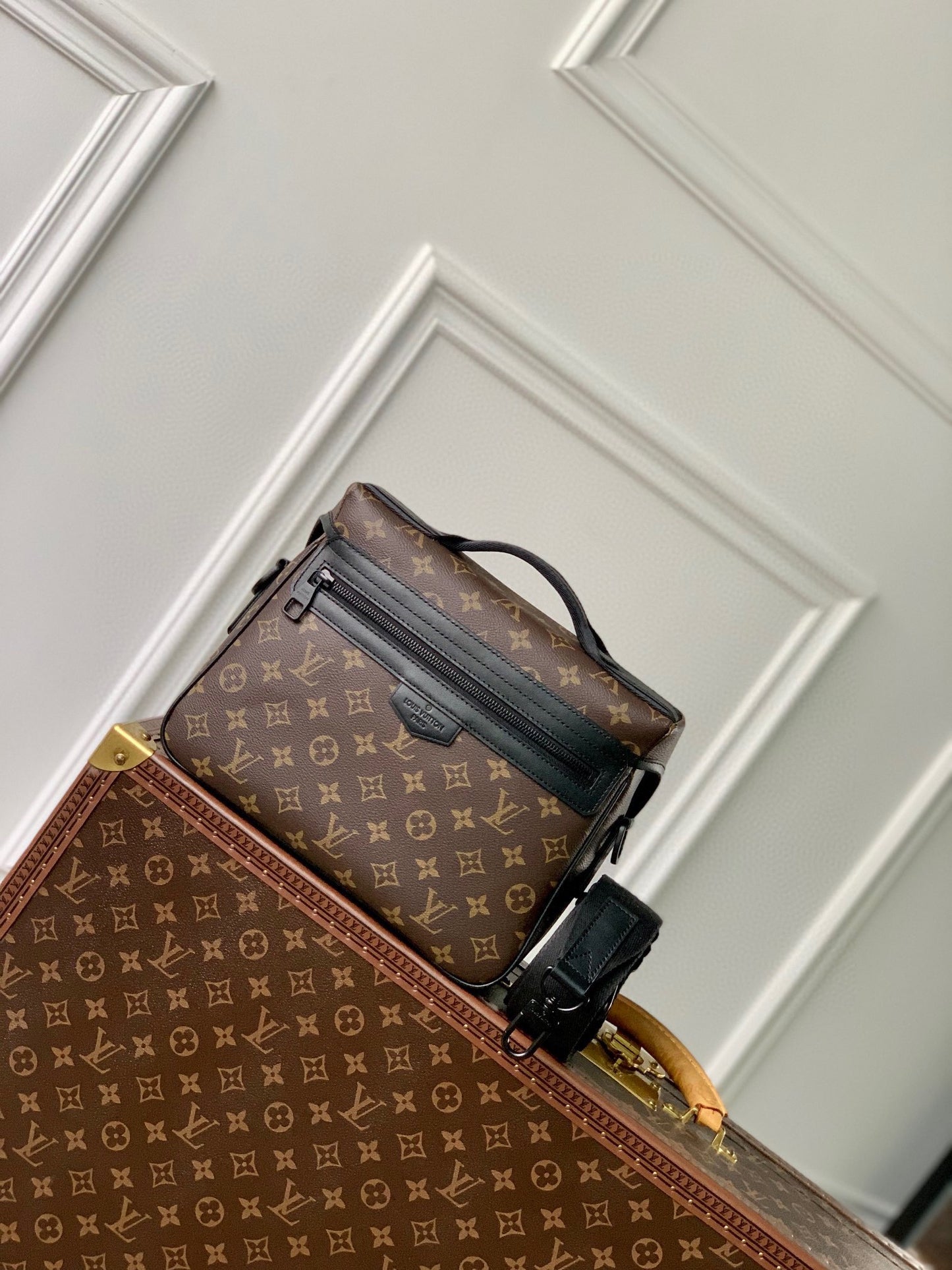 Luxury Brown Monogram Messenger Bag with Black Straps and Hardware - Men's Crossbody Shoulder Bag