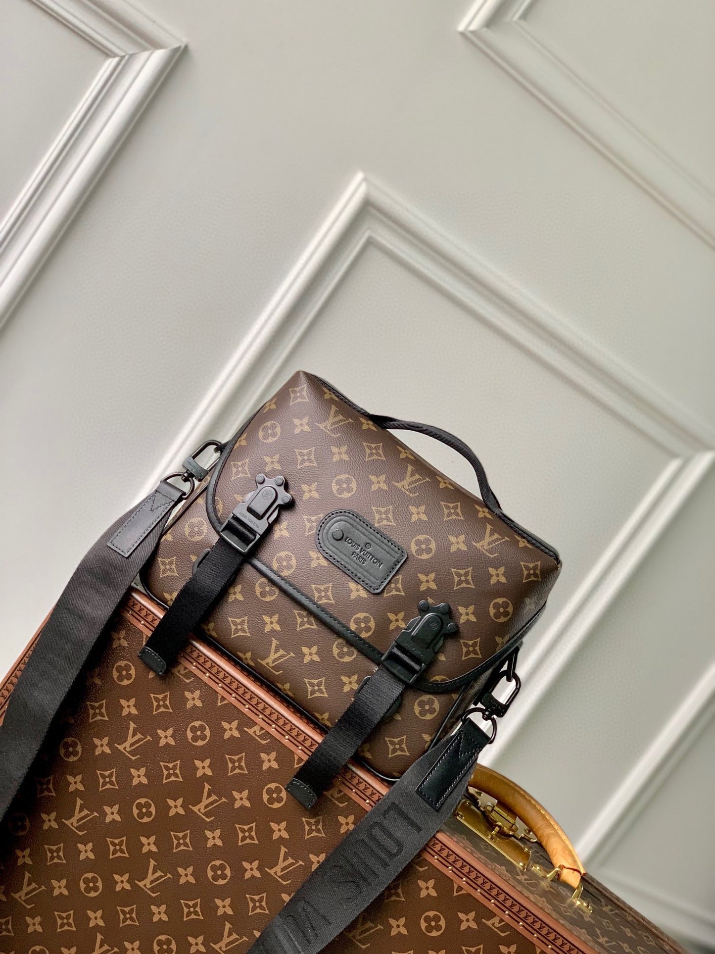 Luxury Brown Monogram Messenger Bag with Black Straps and Hardware - Men's Crossbody Shoulder Bag