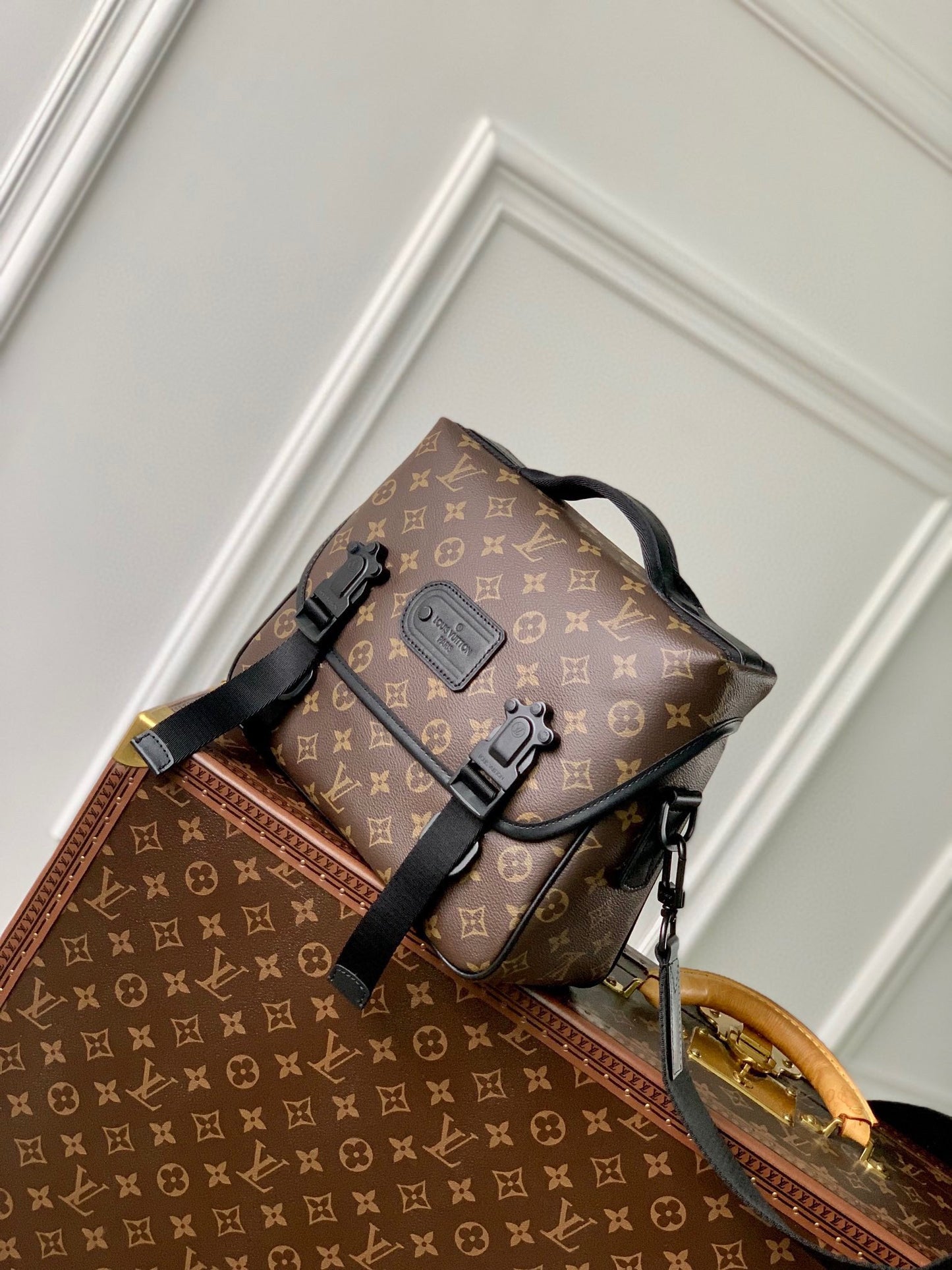Luxury Brown Monogram Messenger Bag with Black Straps and Hardware - Men's Crossbody Shoulder Bag