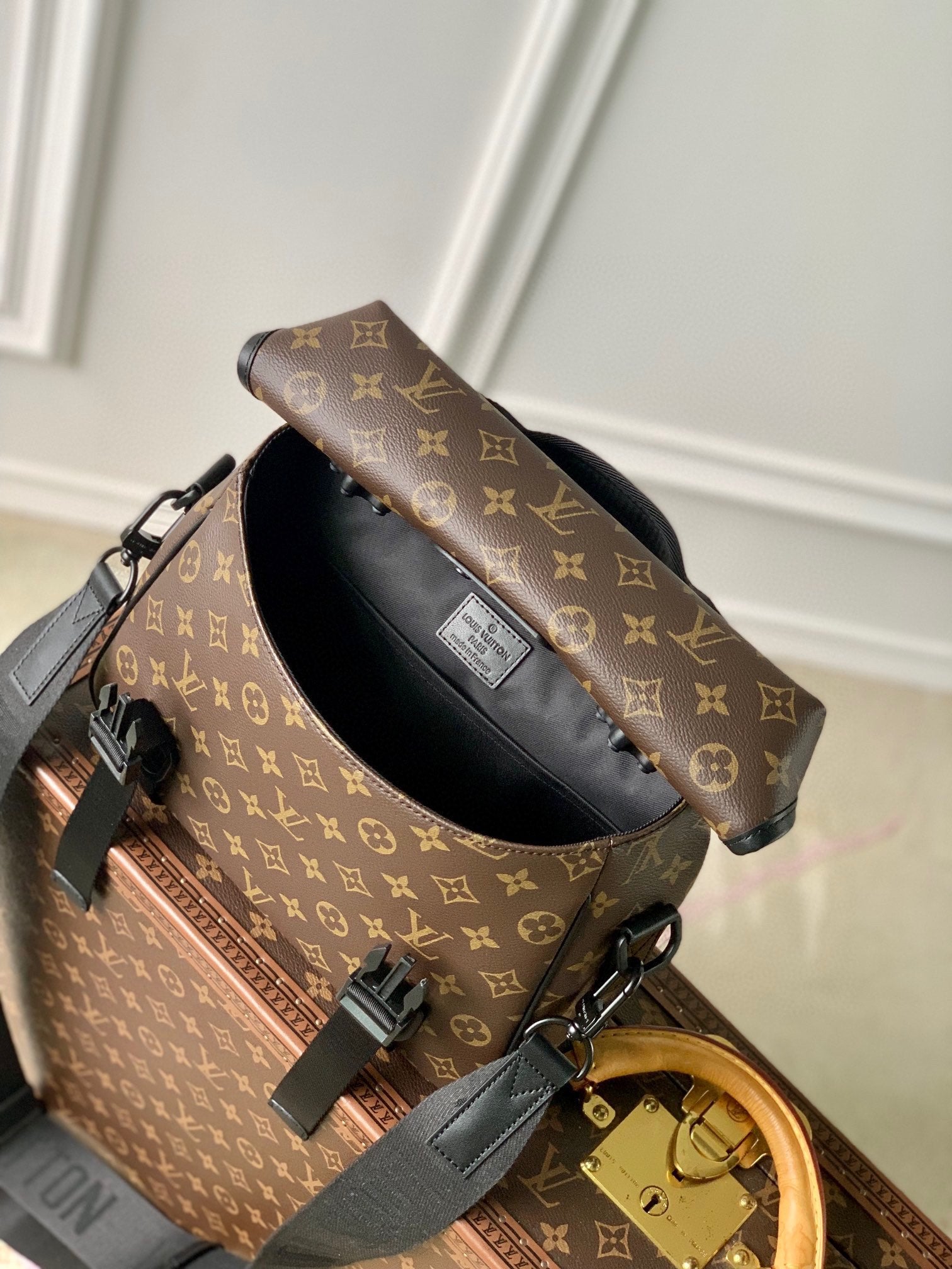 Luxury Brown Monogram Messenger Bag with Black Straps and Hardware - Men's Crossbody Shoulder Bag