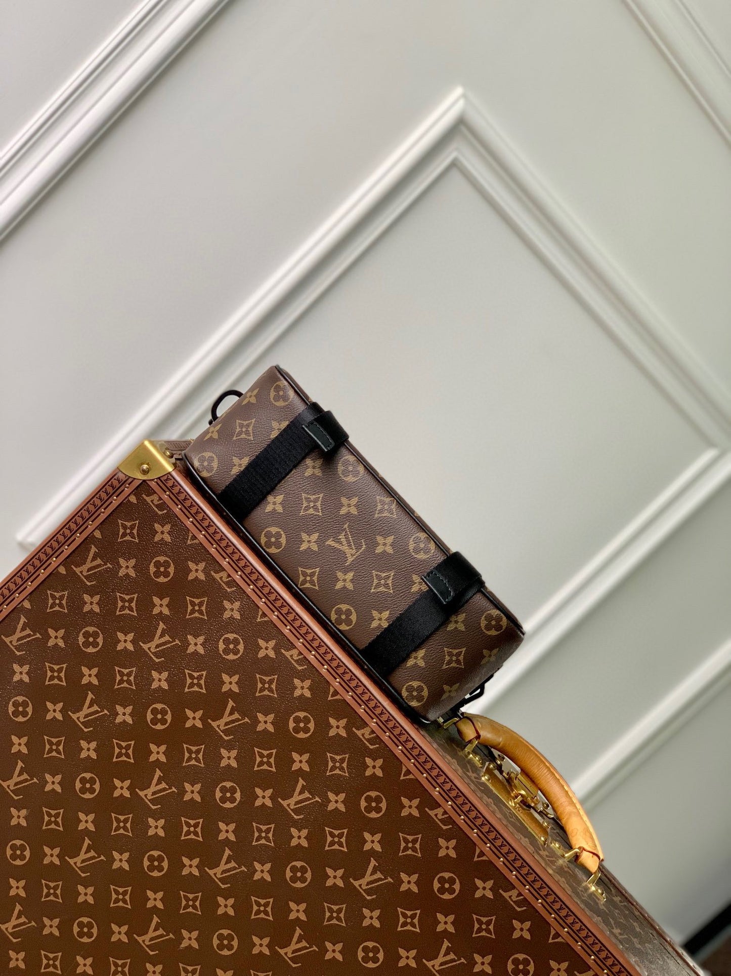 Luxury Brown Monogram Messenger Bag with Black Straps and Hardware - Men's Crossbody Shoulder Bag