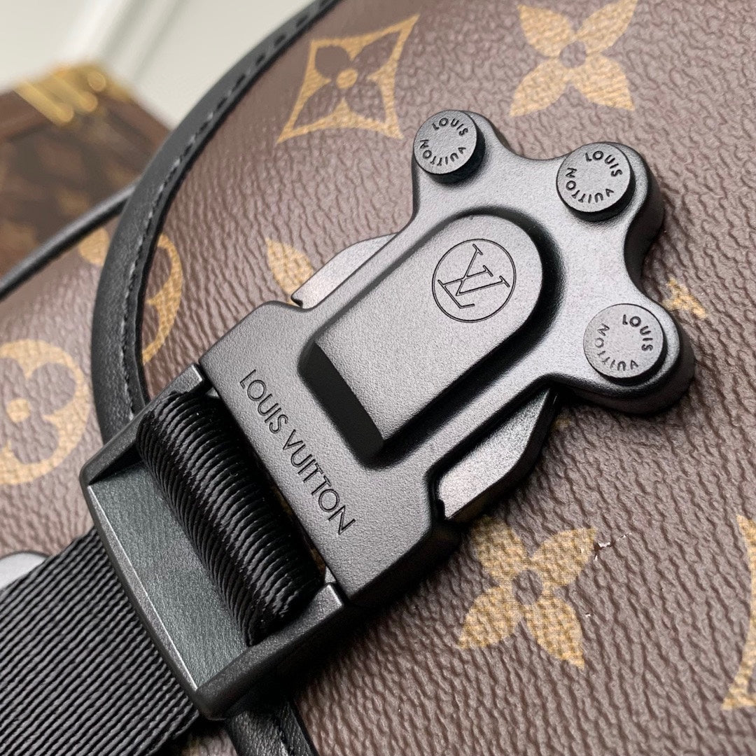Luxury Brown Monogram Messenger Bag with Black Straps and Hardware - Men's Crossbody Shoulder Bag