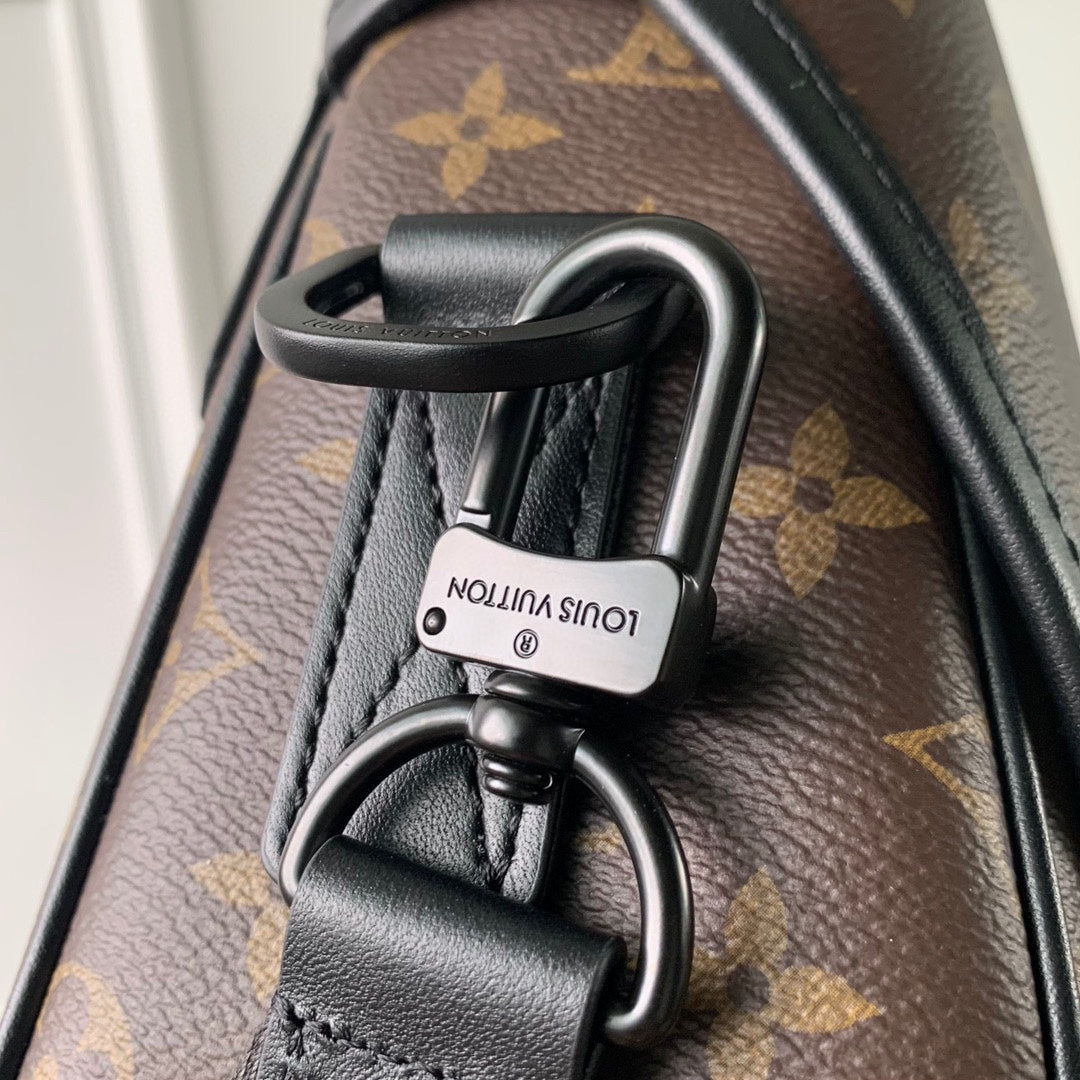 Luxury Brown Monogram Messenger Bag with Black Straps and Hardware - Men's Crossbody Shoulder Bag