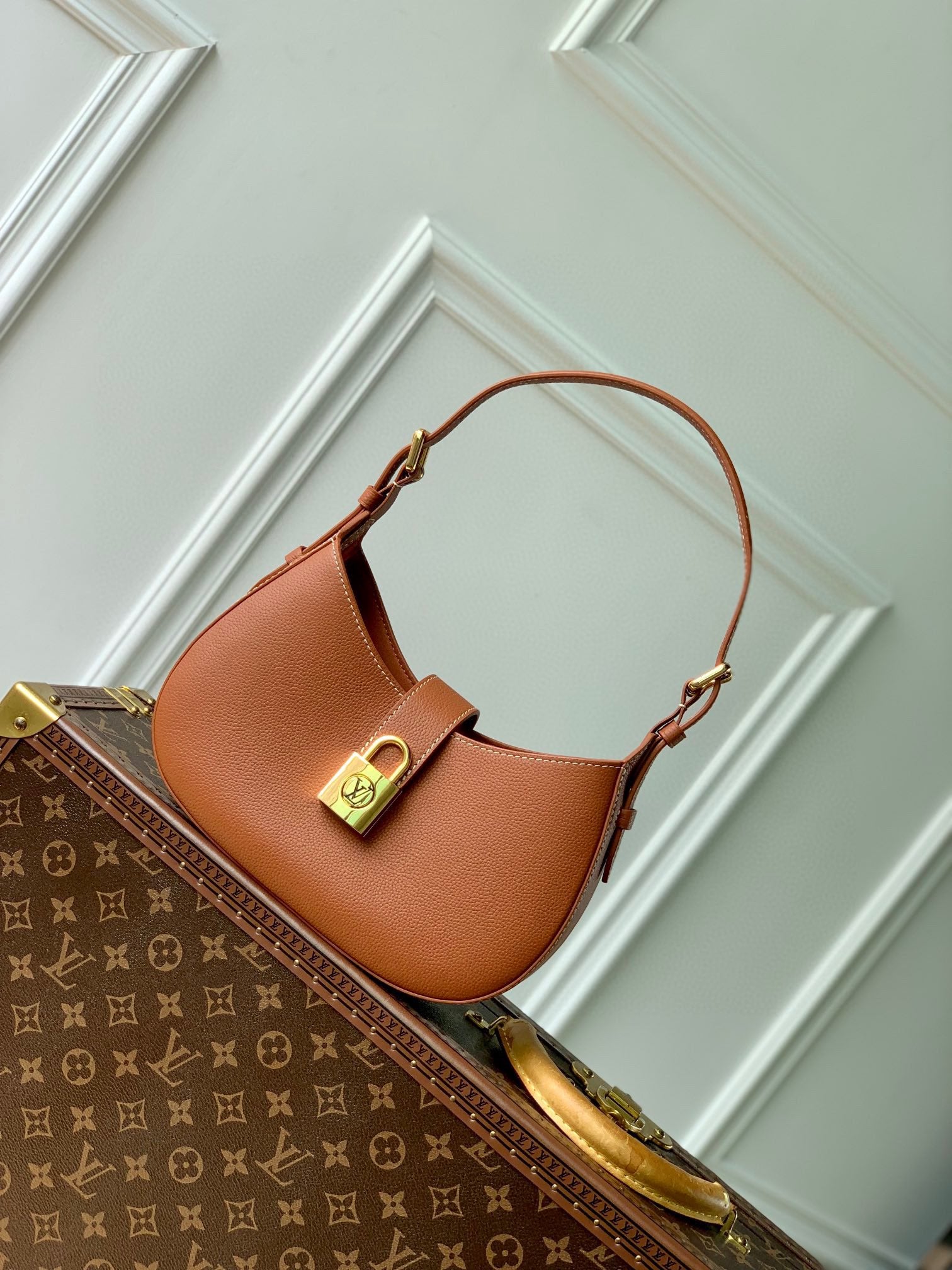 Louis Vuitton Low Key Hobo Shoulder Bag - Cognac Tan Leather with Gold Padlock