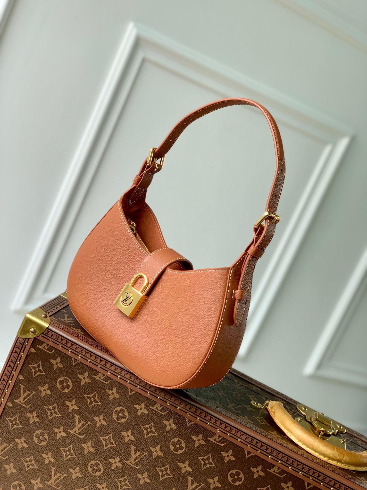 Louis Vuitton Low Key Hobo Shoulder Bag - Cognac Tan Leather with Gold Padlock