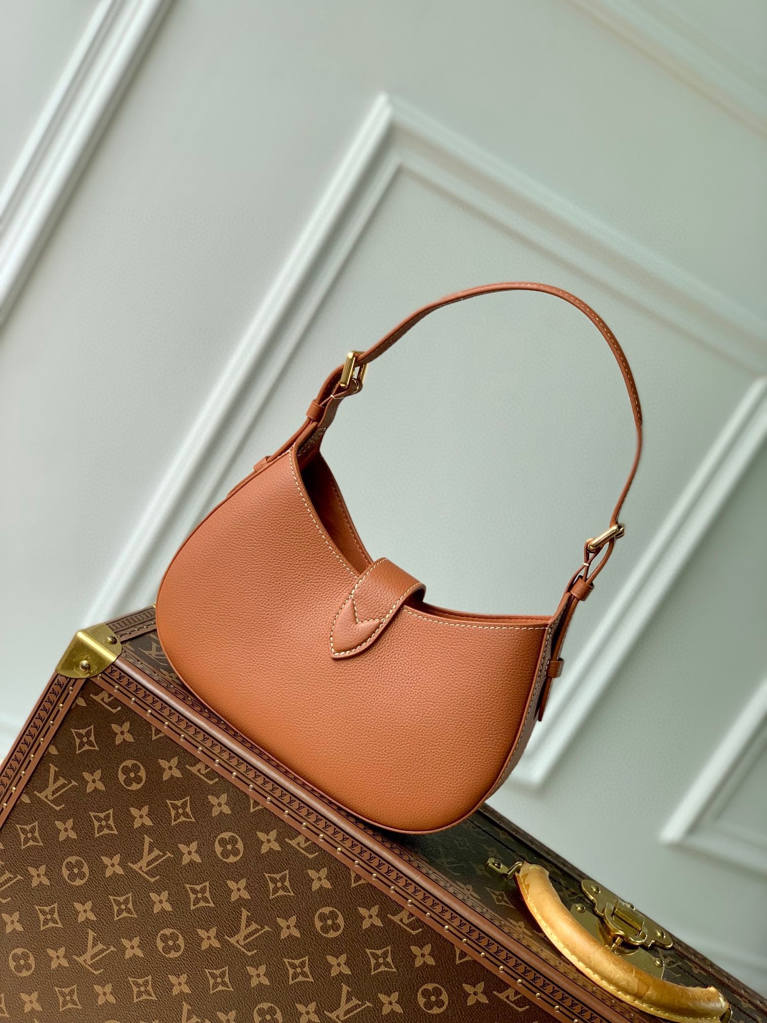 Louis Vuitton Low Key Hobo Shoulder Bag - Cognac Tan Leather with Gold Padlock