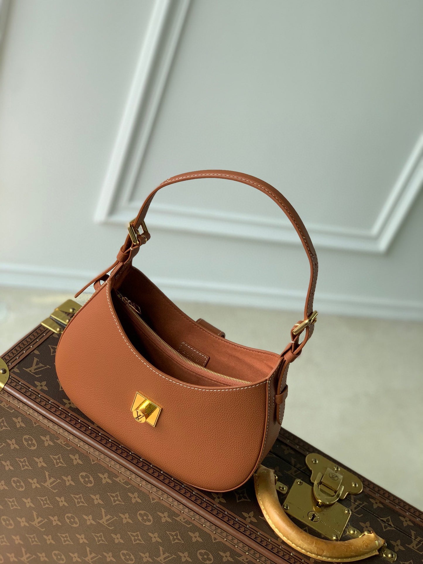 Louis Vuitton Low Key Hobo Shoulder Bag - Cognac Tan Leather with Gold Padlock