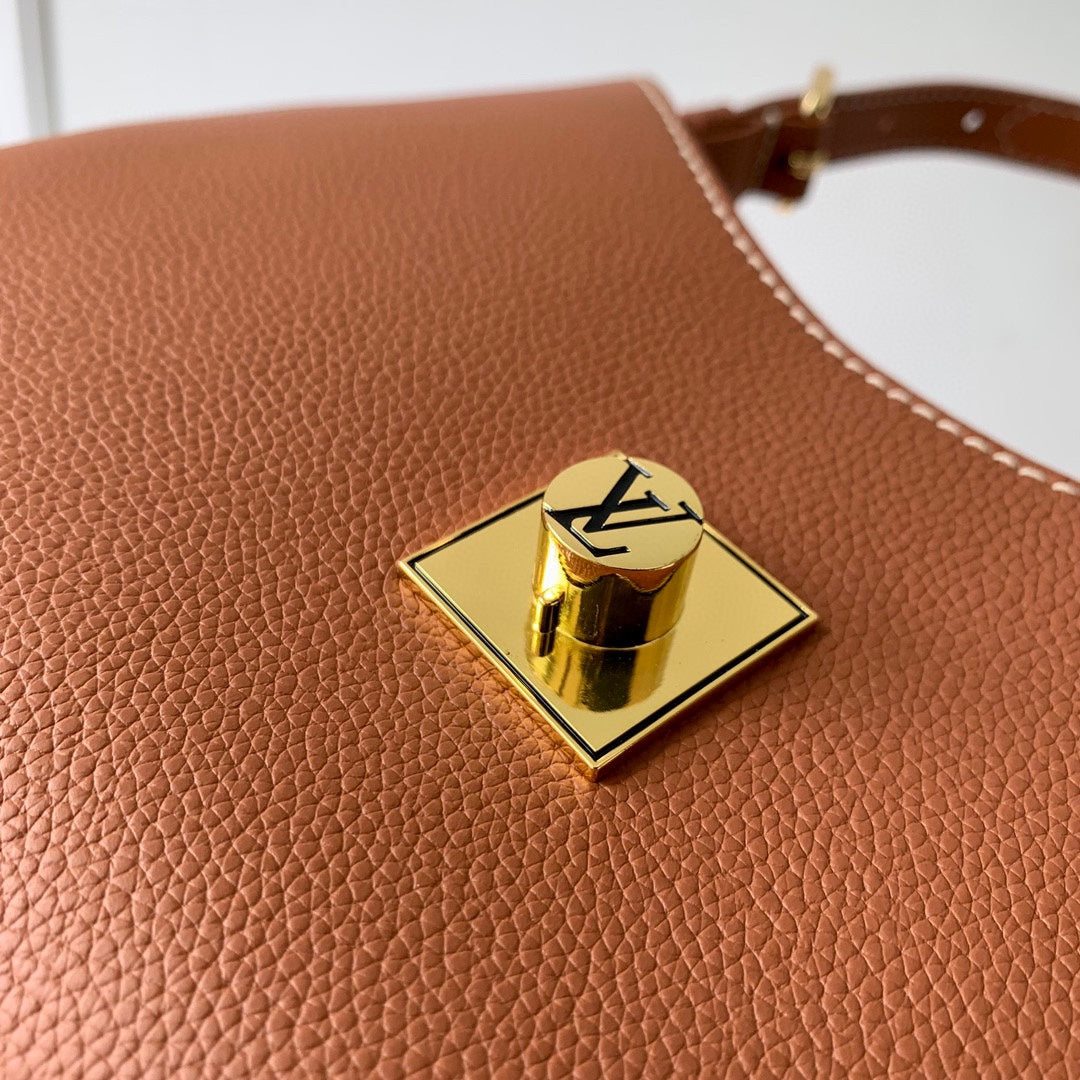 Louis Vuitton Low Key Hobo Shoulder Bag - Cognac Tan Leather with Gold Padlock