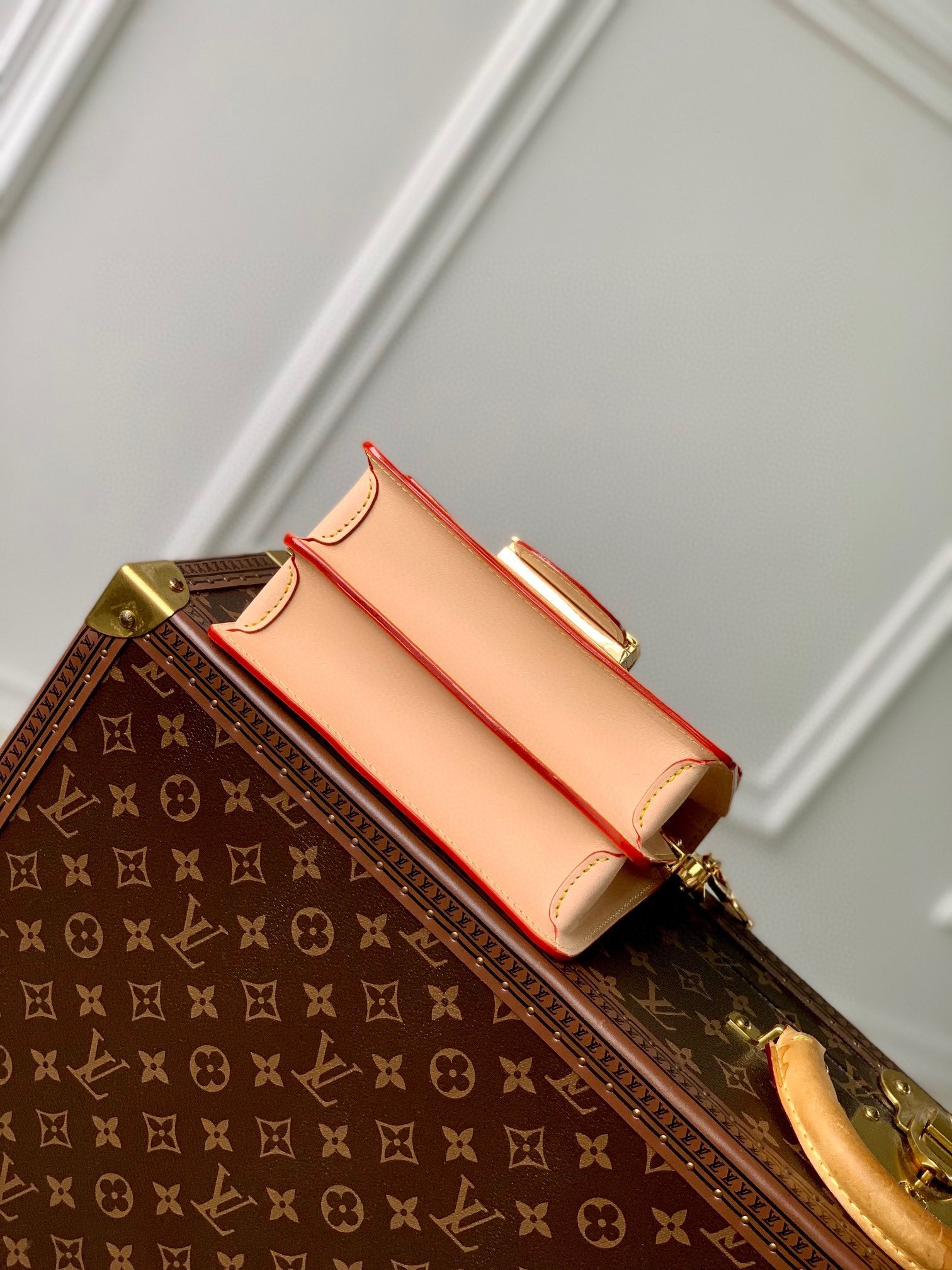 White Monogram Mini Crossbody Bag with Tan Leather Trim and Braided Chain Handle