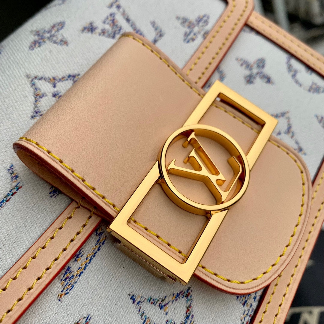 White Monogram Mini Crossbody Bag with Tan Leather Trim and Braided Chain Handle
