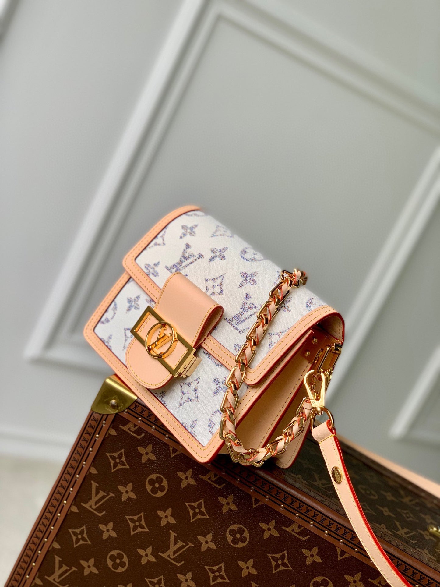 White Monogram Mini Crossbody Bag with Tan Leather Trim and Braided Chain Handle