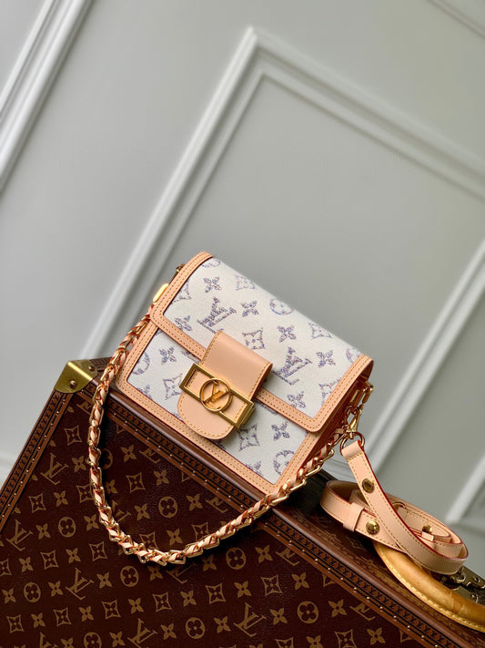 White Monogram Mini Crossbody Bag with Tan Leather Trim and Braided Chain Handle