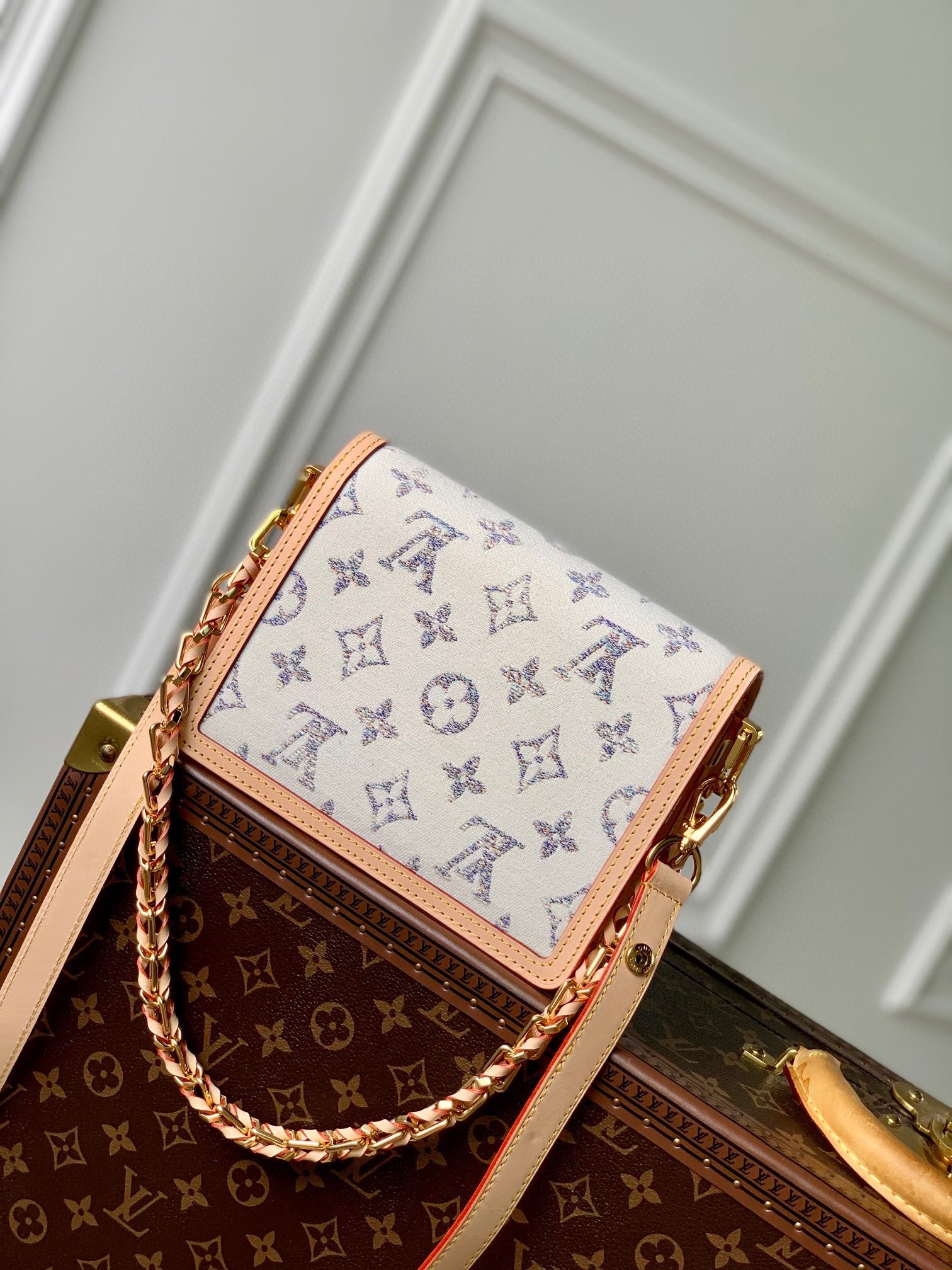 White Monogram Mini Crossbody Bag with Tan Leather Trim and Braided Chain Handle
