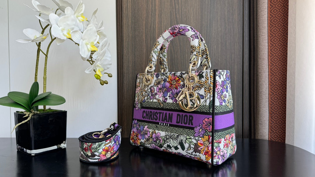 Christian Dior Lady D-Lite Bag with Floral Embroidery and Wide Shoulder Strap - Purple/Multicolor