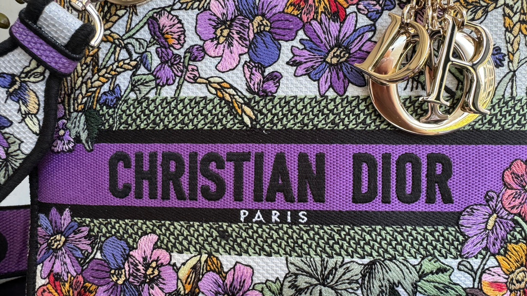Christian Dior Lady D-Lite Bag with Floral Embroidery and Wide Shoulder Strap - Purple/Multicolor