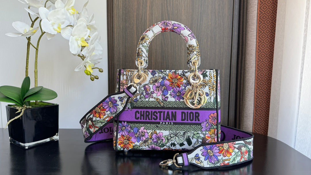 Christian Dior Lady D-Lite Bag with Floral Embroidery and Wide Shoulder Strap - Purple/Multicolor