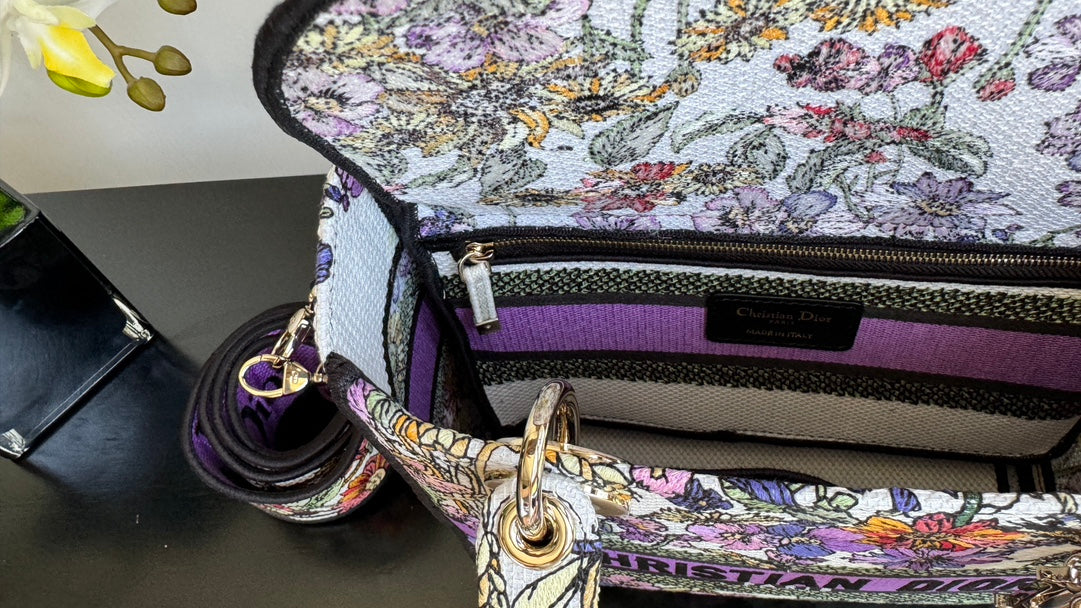 Christian Dior Lady D-Lite Bag with Floral Embroidery and Wide Shoulder Strap - Purple/Multicolor