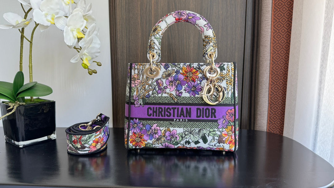 Christian Dior Lady D-Lite Bag with Floral Embroidery and Wide Shoulder Strap - Purple/Multicolor