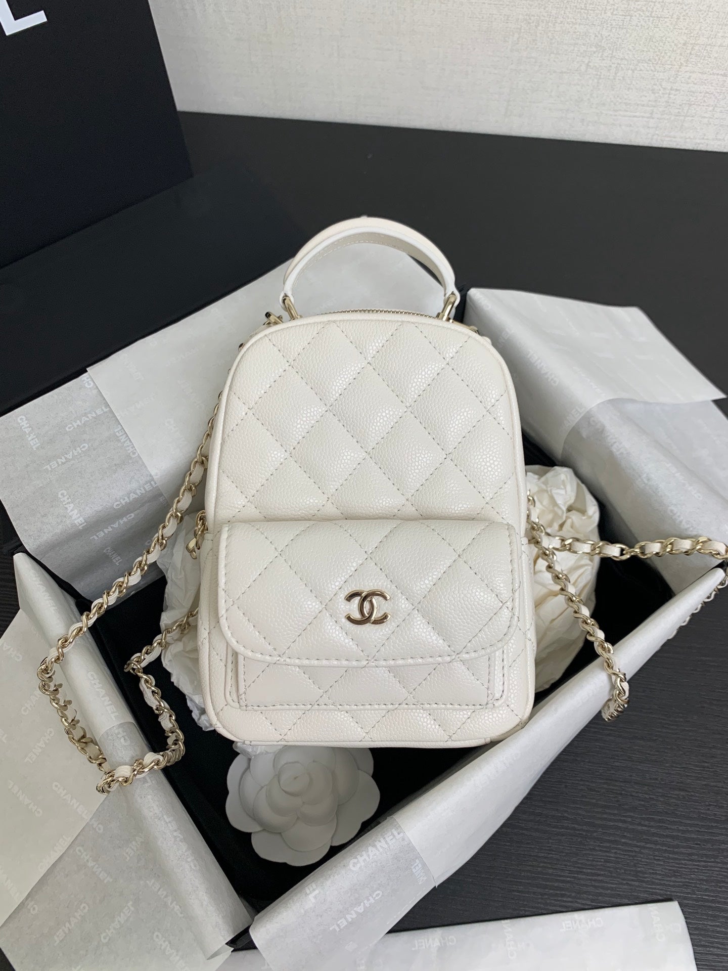 Chanel White Quilted Leather Mini Backpack with Gold-Tone CC Logo