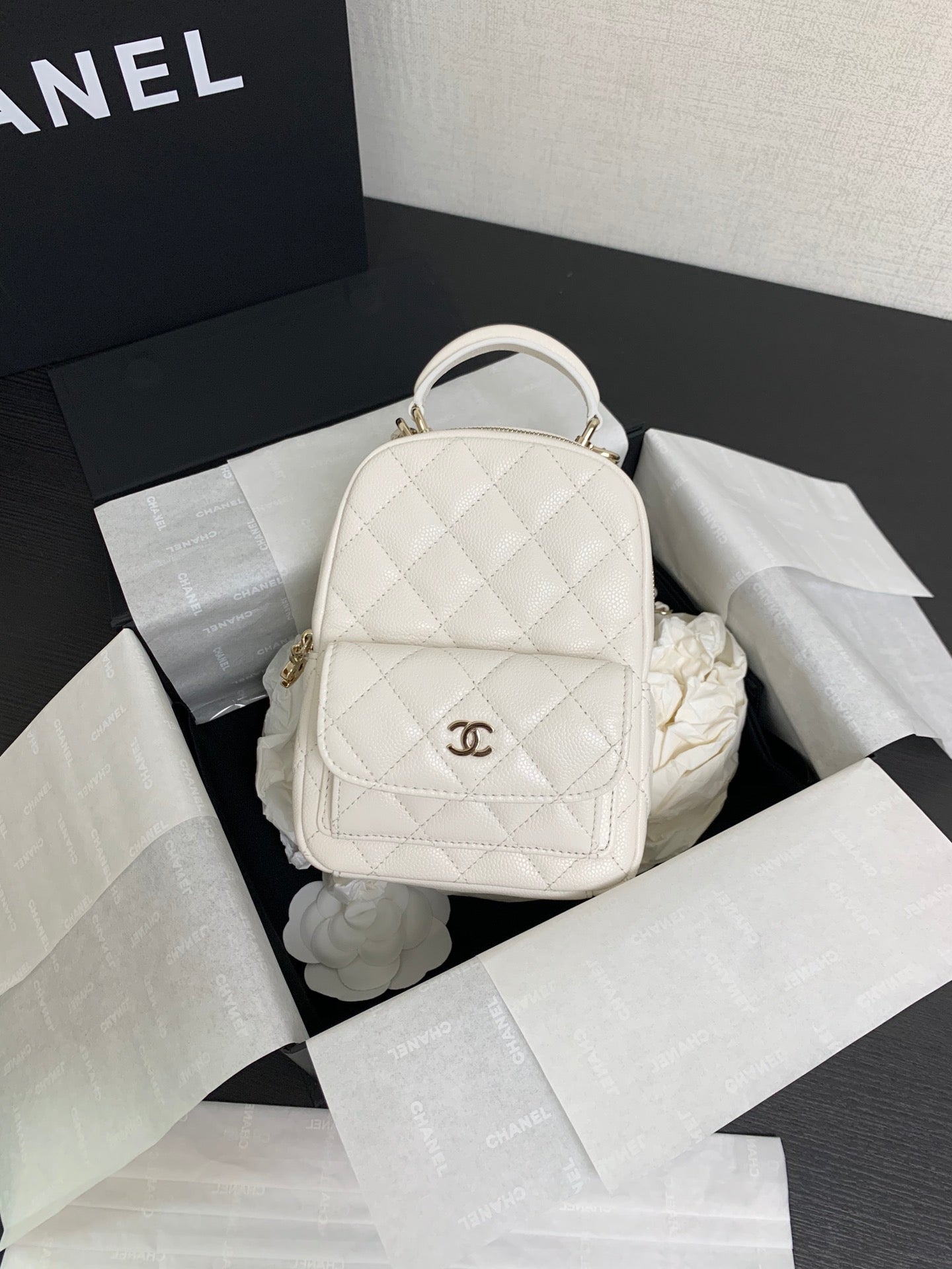 Chanel White Quilted Leather Mini Backpack with Gold-Tone CC Logo