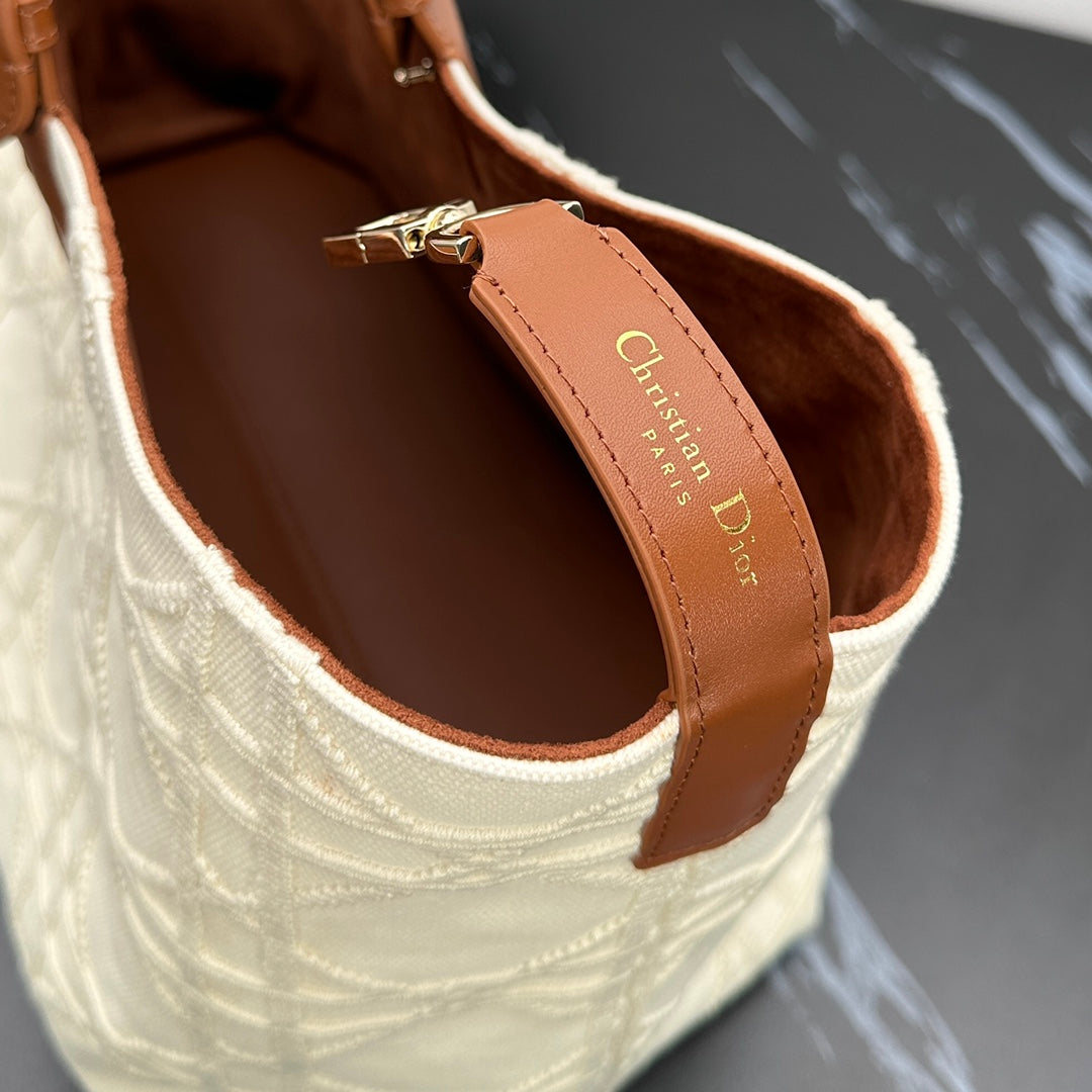 Dior Beige Cannage Quilted Canvas Handbag with Brown Leather Top Handles
