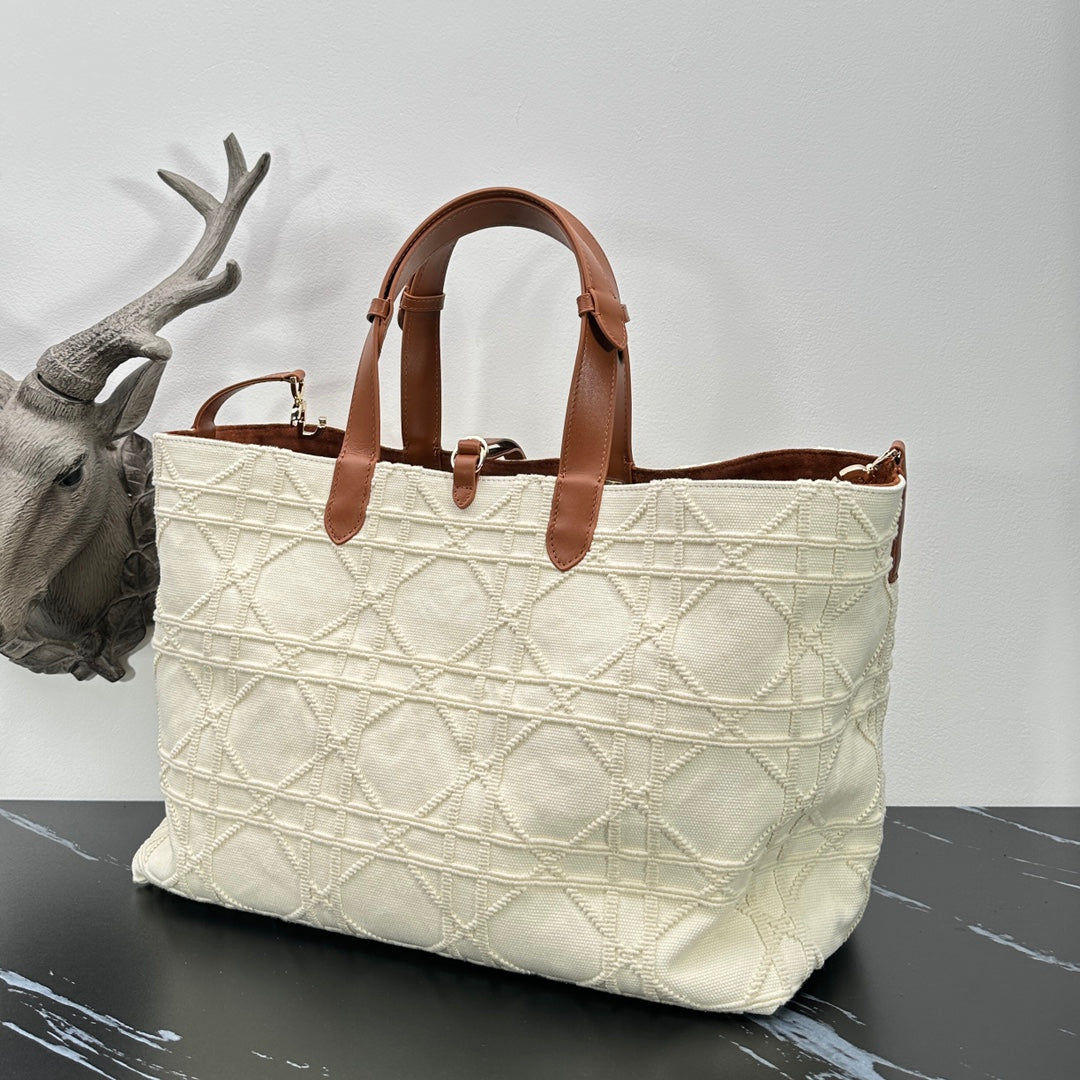 Dior Beige Cannage Quilted Canvas Handbag with Brown Leather Top Handles