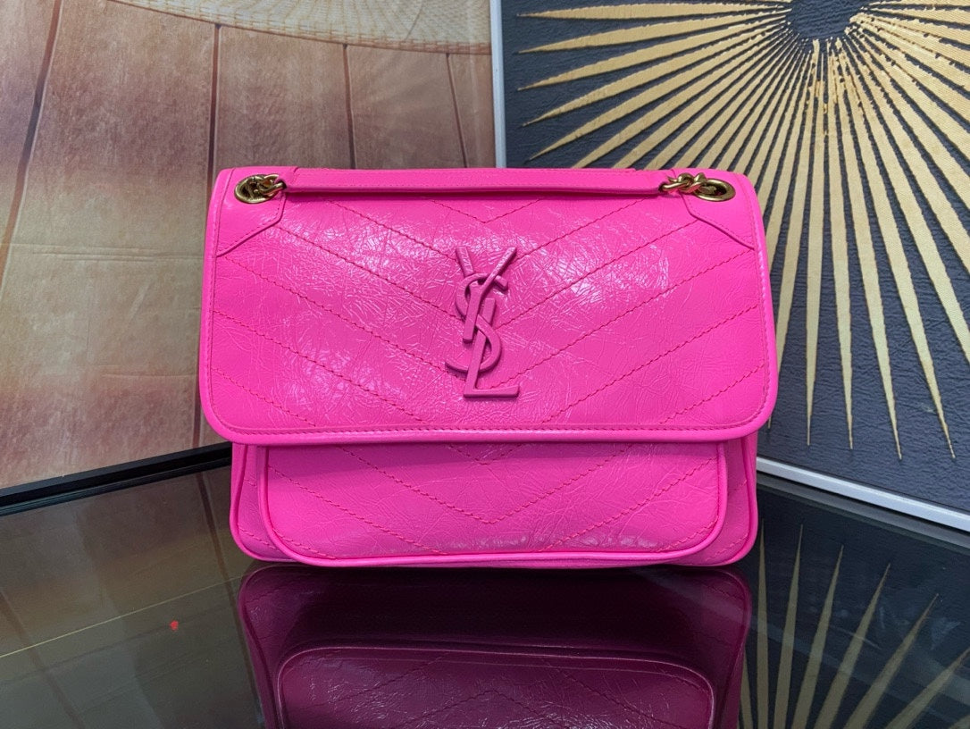 Saint Laurent Niki Medium Shoulder Bag in Fuchsia Pink Crinkled Leather