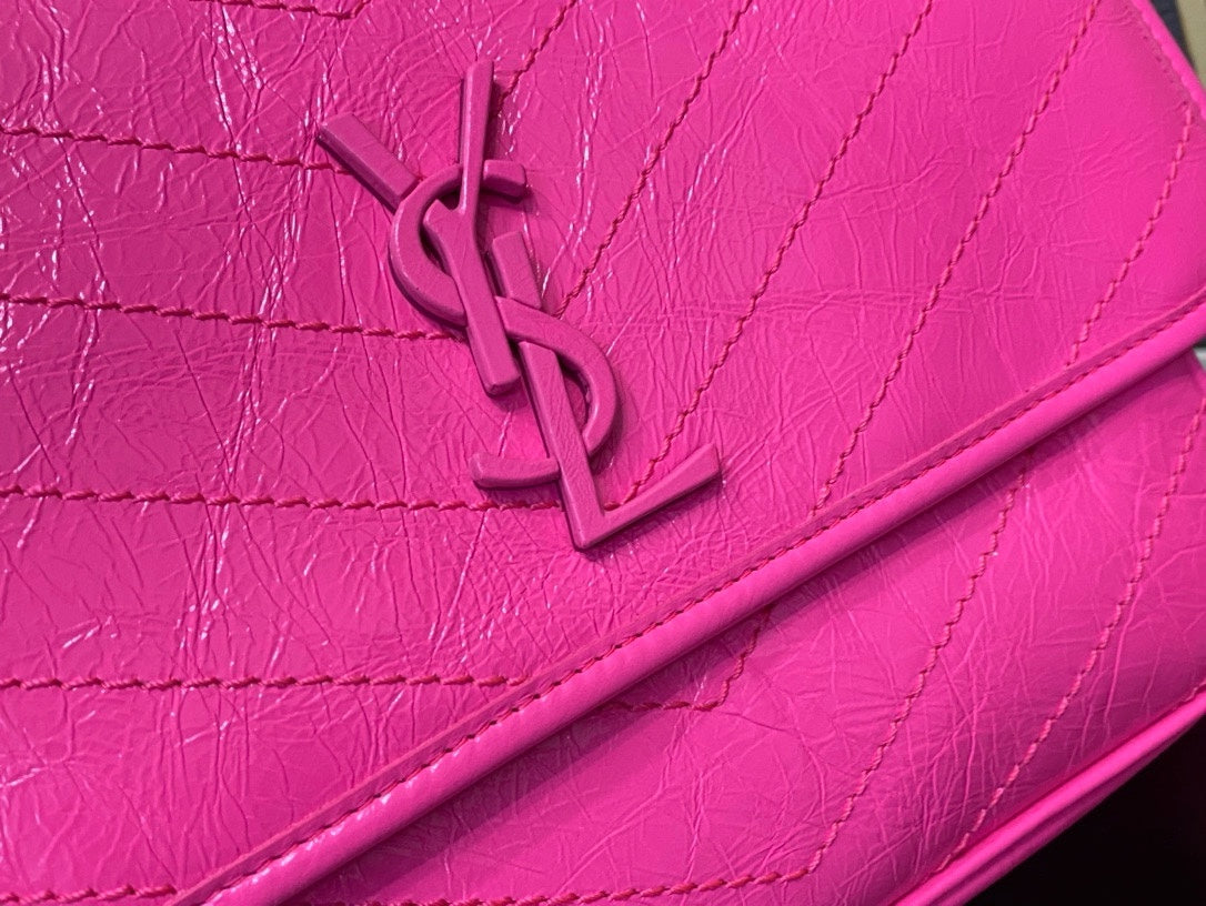 Saint Laurent Niki Medium Shoulder Bag in Fuchsia Pink Crinkled Leather