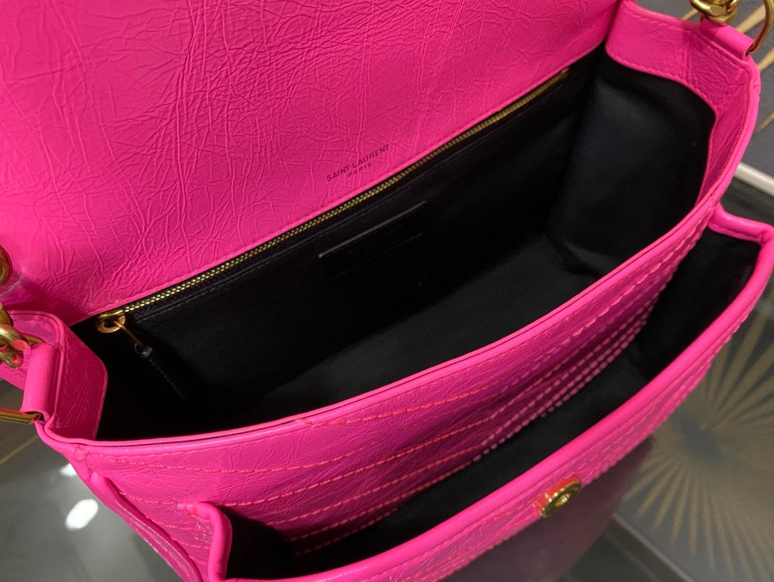 Saint Laurent Niki Medium Shoulder Bag in Fuchsia Pink Crinkled Leather