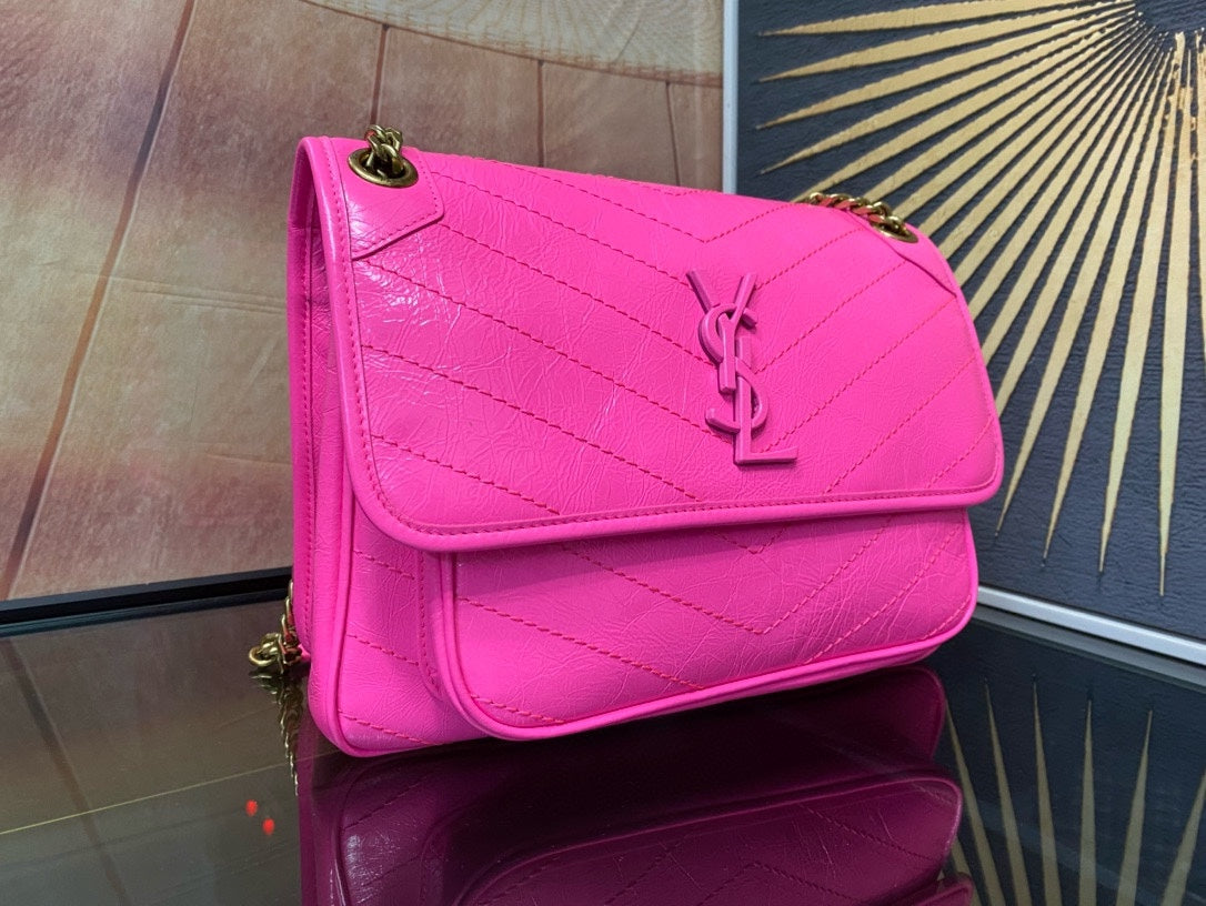 Saint Laurent Niki Medium Shoulder Bag in Fuchsia Pink Crinkled Leather