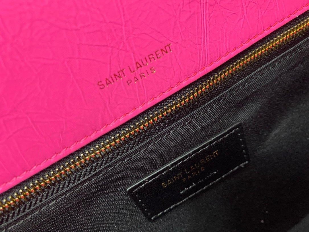 Saint Laurent Niki Medium Shoulder Bag in Fuchsia Pink Crinkled Leather