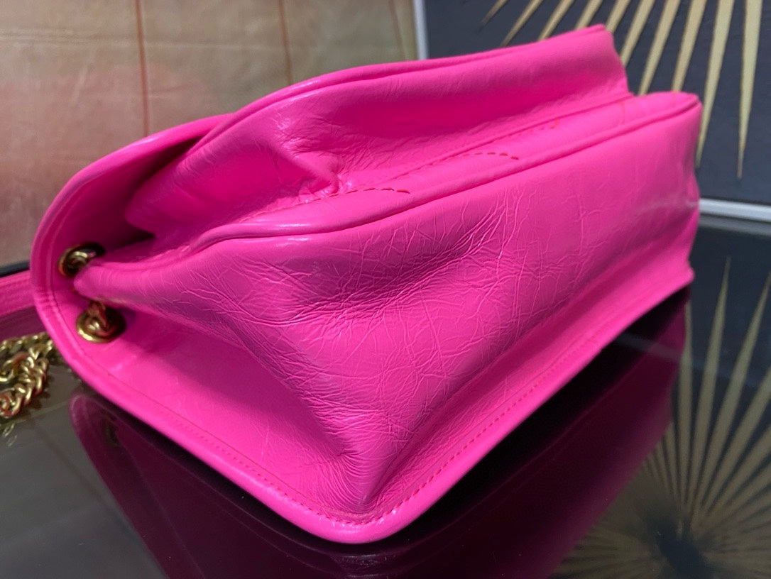 Saint Laurent Niki Medium Shoulder Bag in Fuchsia Pink Crinkled Leather
