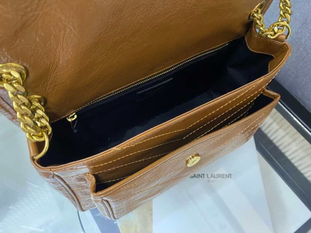 Saint Laurent Niki Medium Shoulder Bag in Crinkled Vintage Leather - Tan
