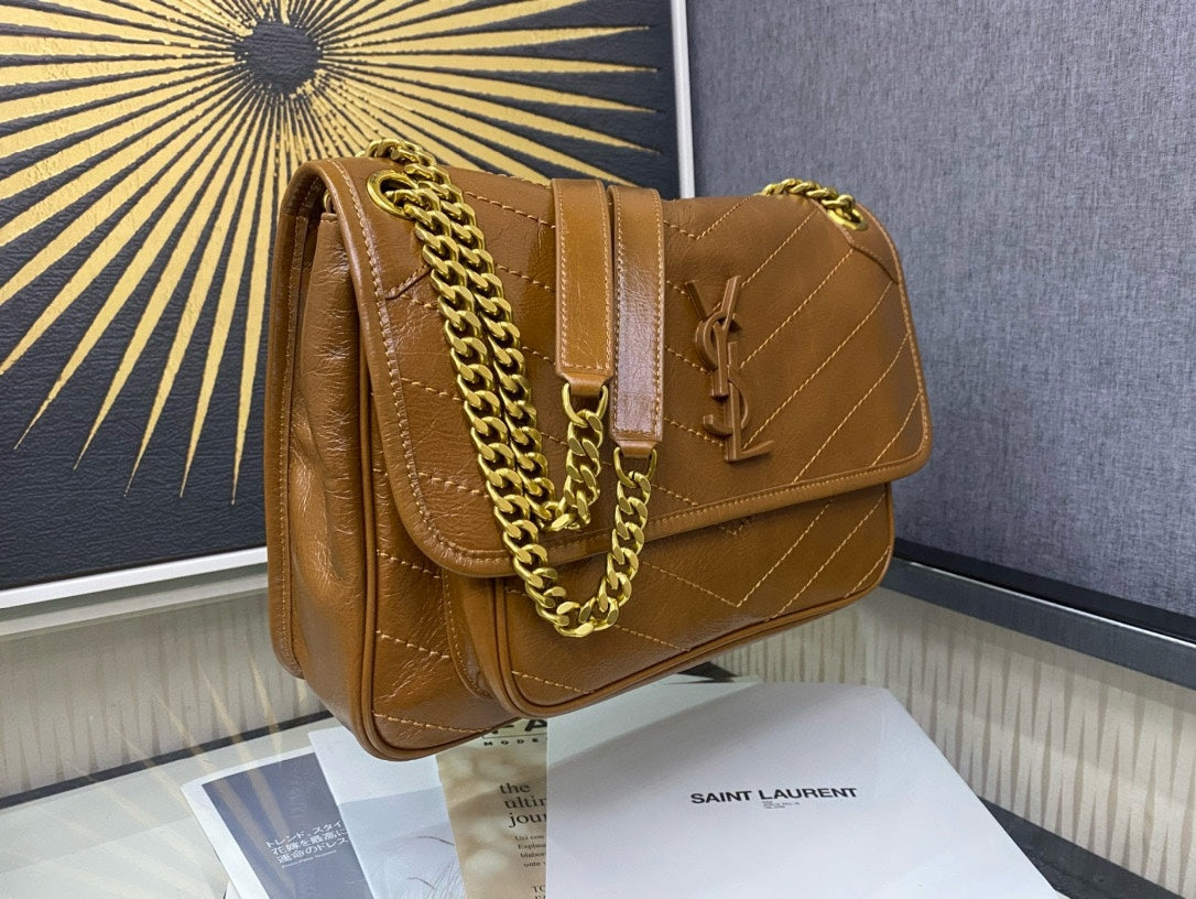 Saint Laurent Niki Medium Shoulder Bag in Crinkled Vintage Leather - Tan