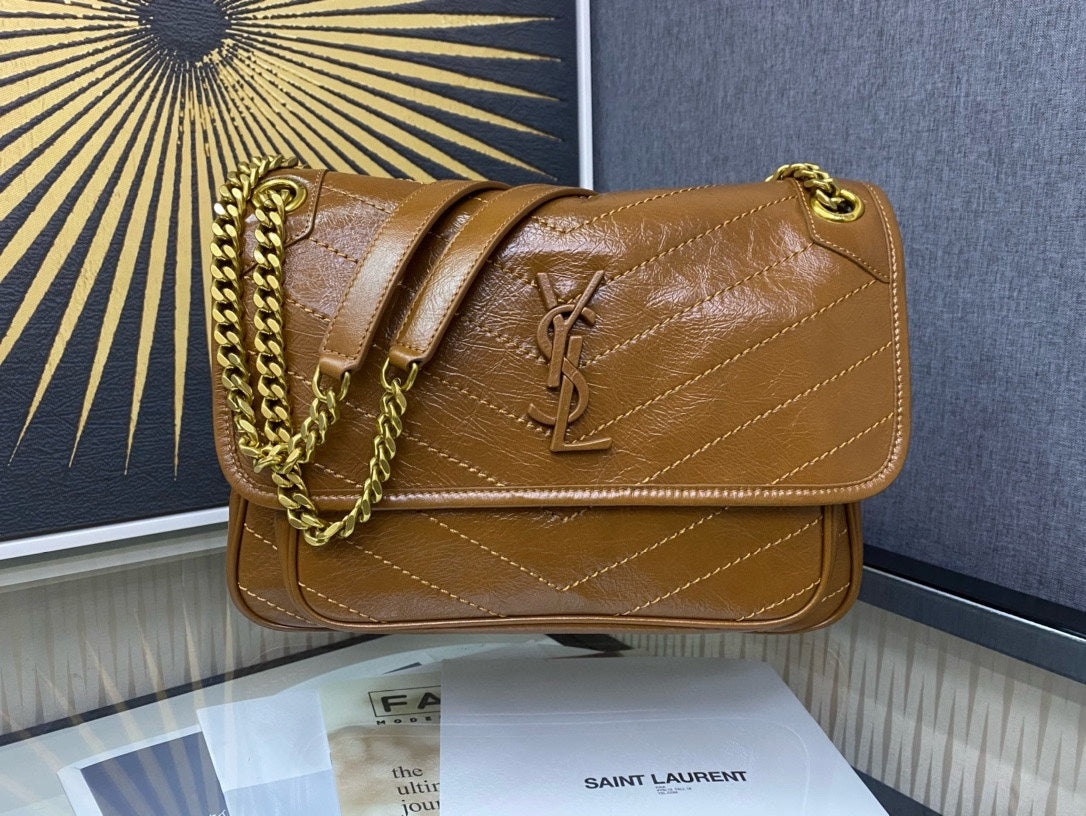 Saint Laurent Niki Medium Shoulder Bag in Crinkled Vintage Leather - Tan