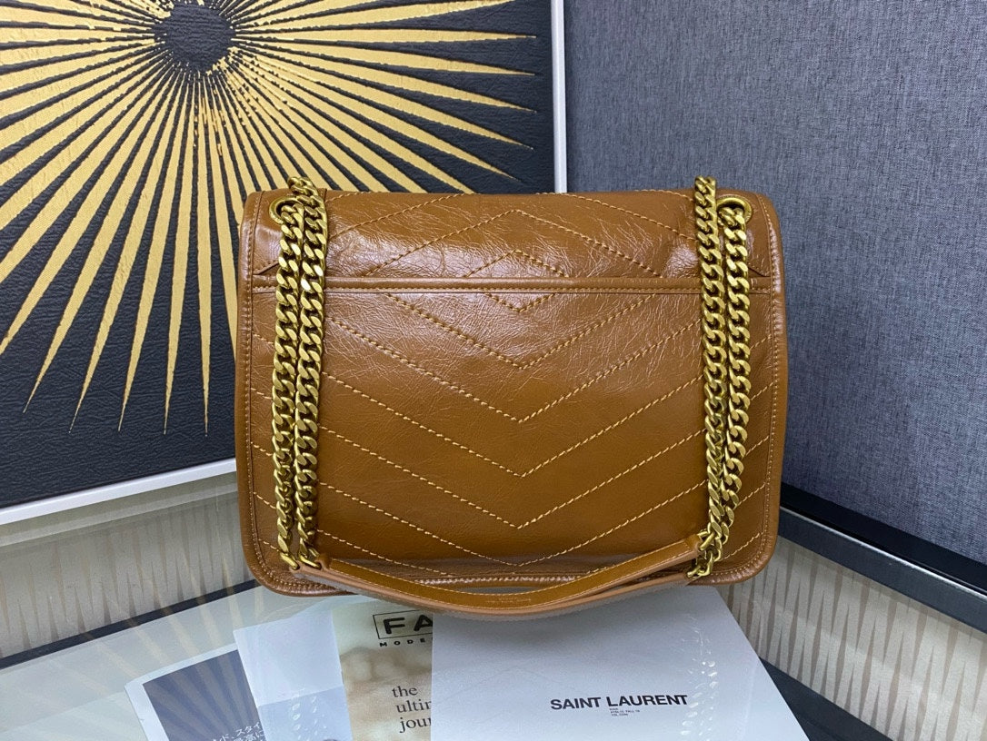 Saint Laurent Niki Medium Shoulder Bag in Crinkled Vintage Leather - Tan