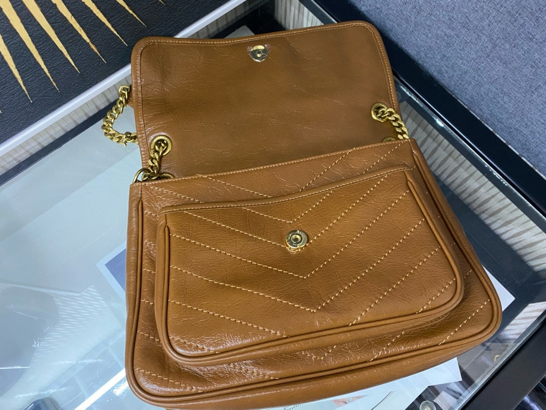 Saint Laurent Niki Medium Shoulder Bag in Crinkled Vintage Leather - Tan