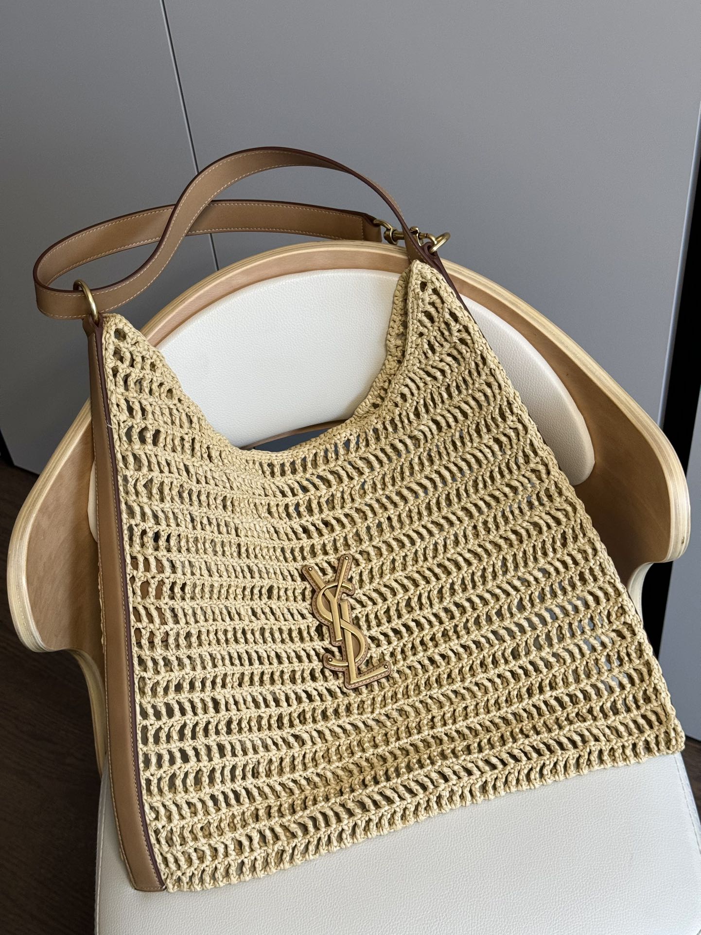Designer Inspired Woven Straw Crochet Shoulder Bag with Leather Strap - Beige