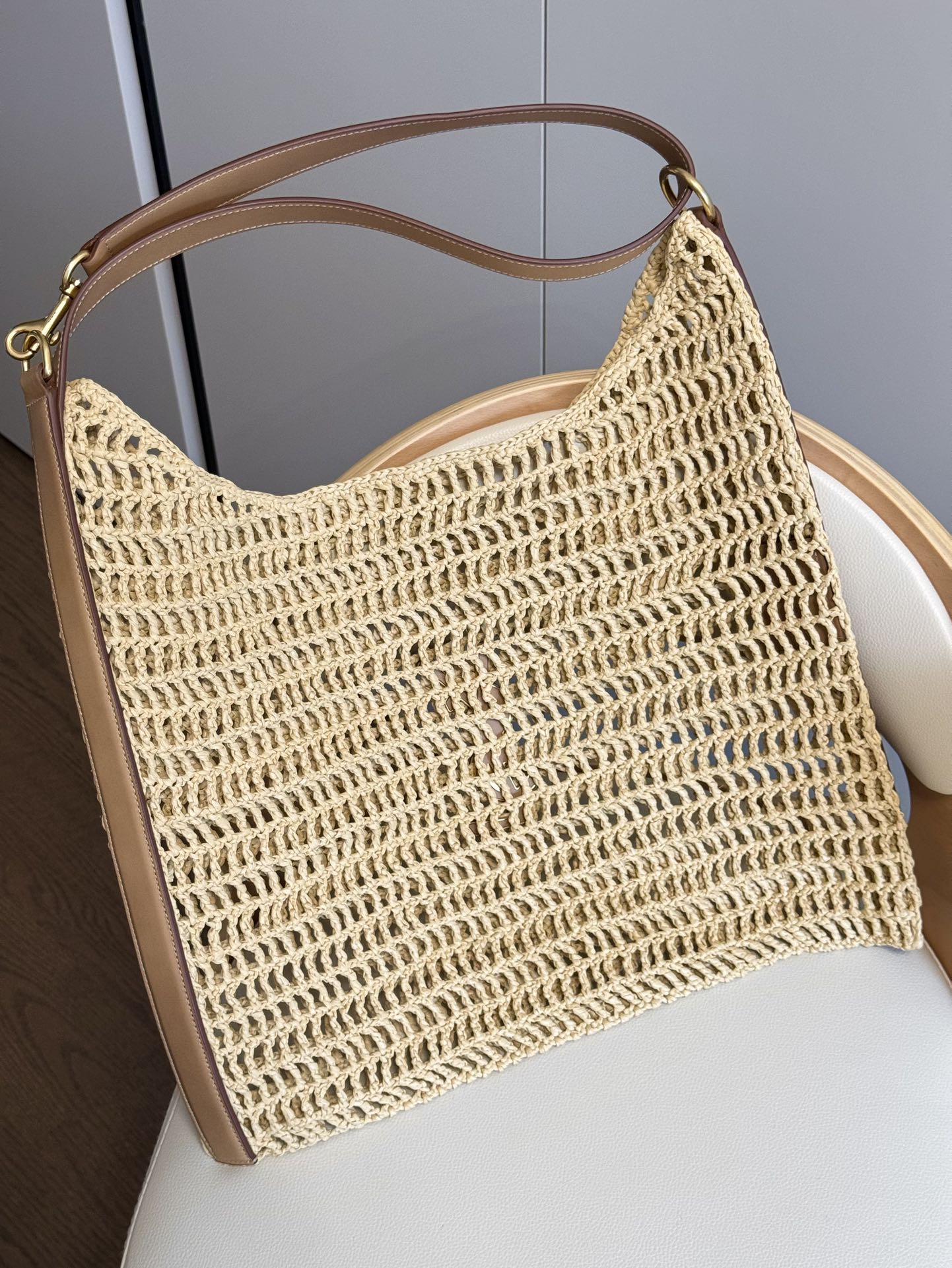 Designer Inspired Woven Straw Crochet Shoulder Bag with Leather Strap - Beige