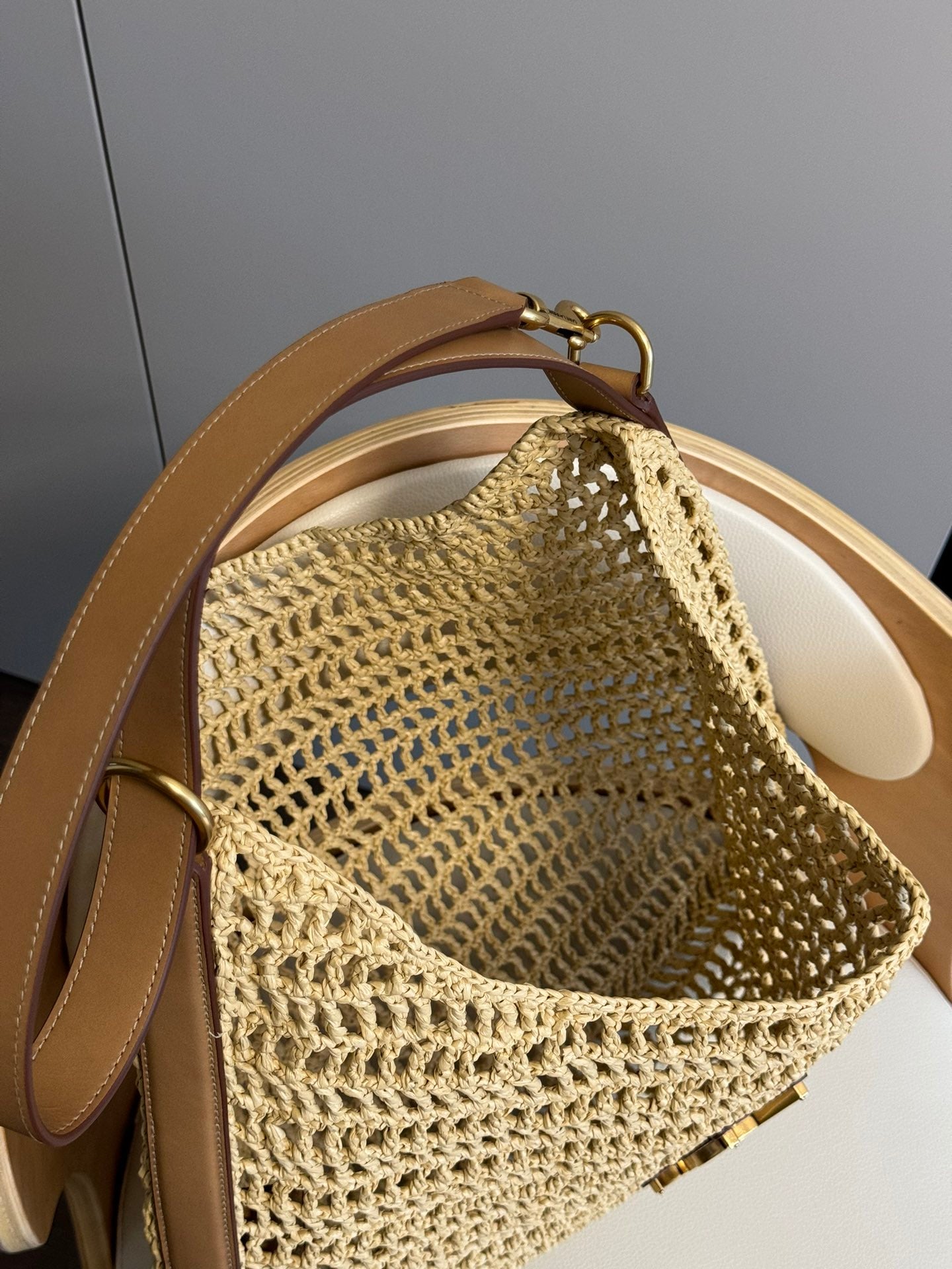 Designer Inspired Woven Straw Crochet Shoulder Bag with Leather Strap - Beige