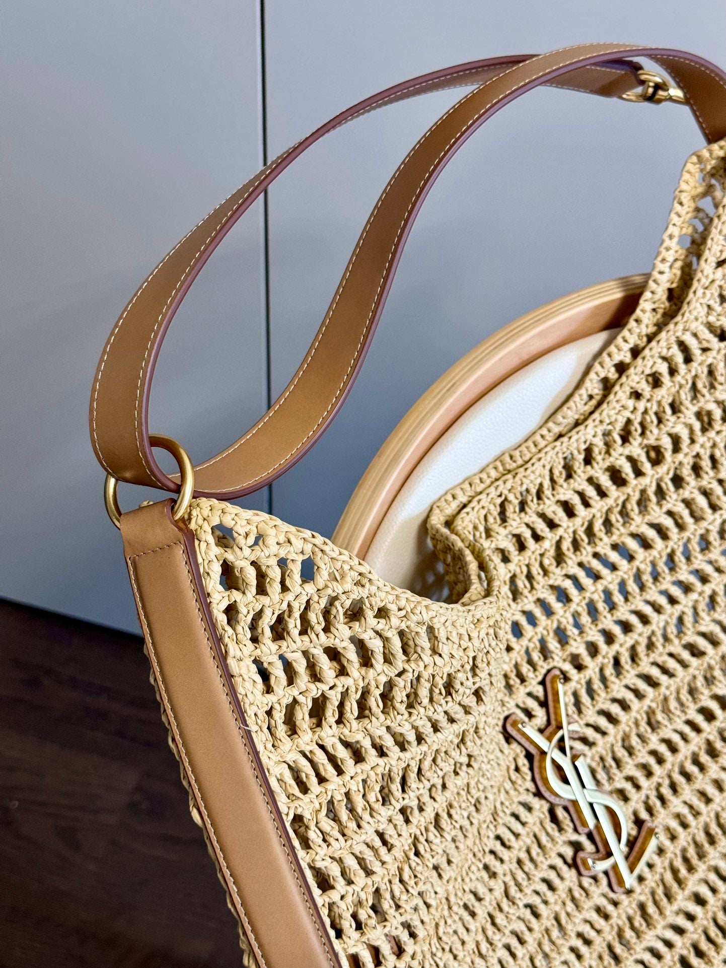 Designer Inspired Woven Straw Crochet Shoulder Bag with Leather Strap - Beige