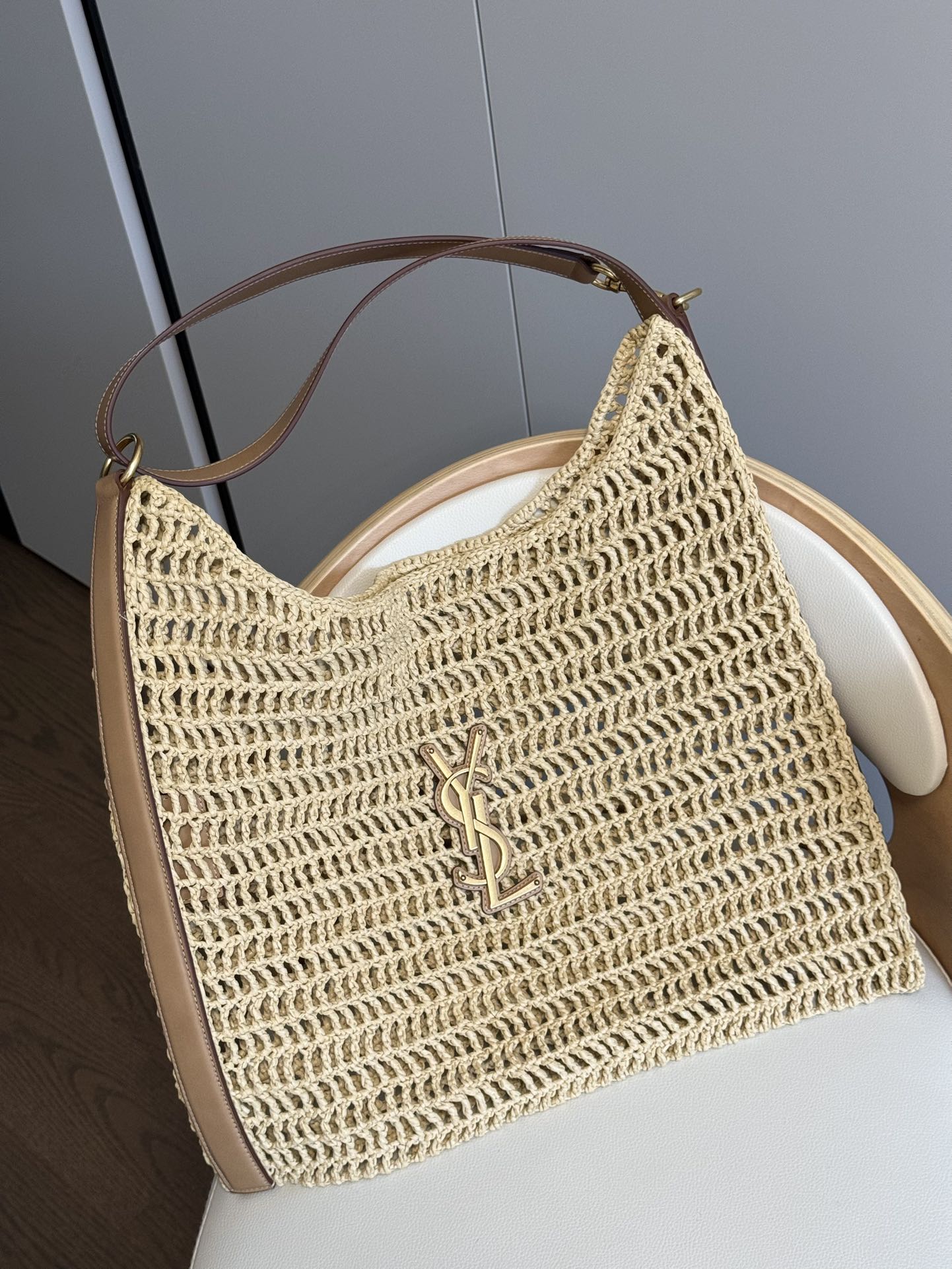 Designer Inspired Woven Straw Crochet Shoulder Bag with Leather Strap - Beige