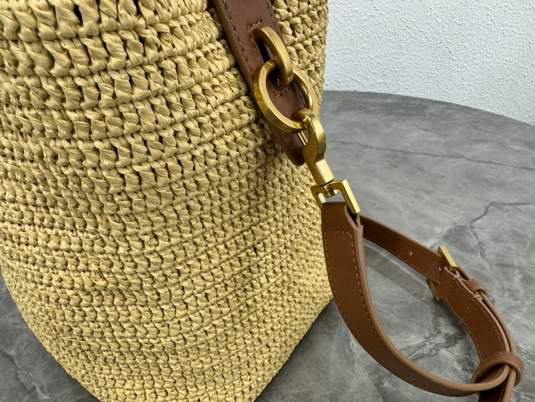 Saint Laurent Small Panier Raffia Bucket Bag with Leather Trim