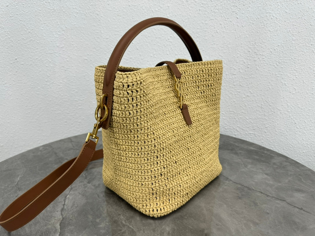 Saint Laurent Small Panier Raffia Bucket Bag with Leather Trim