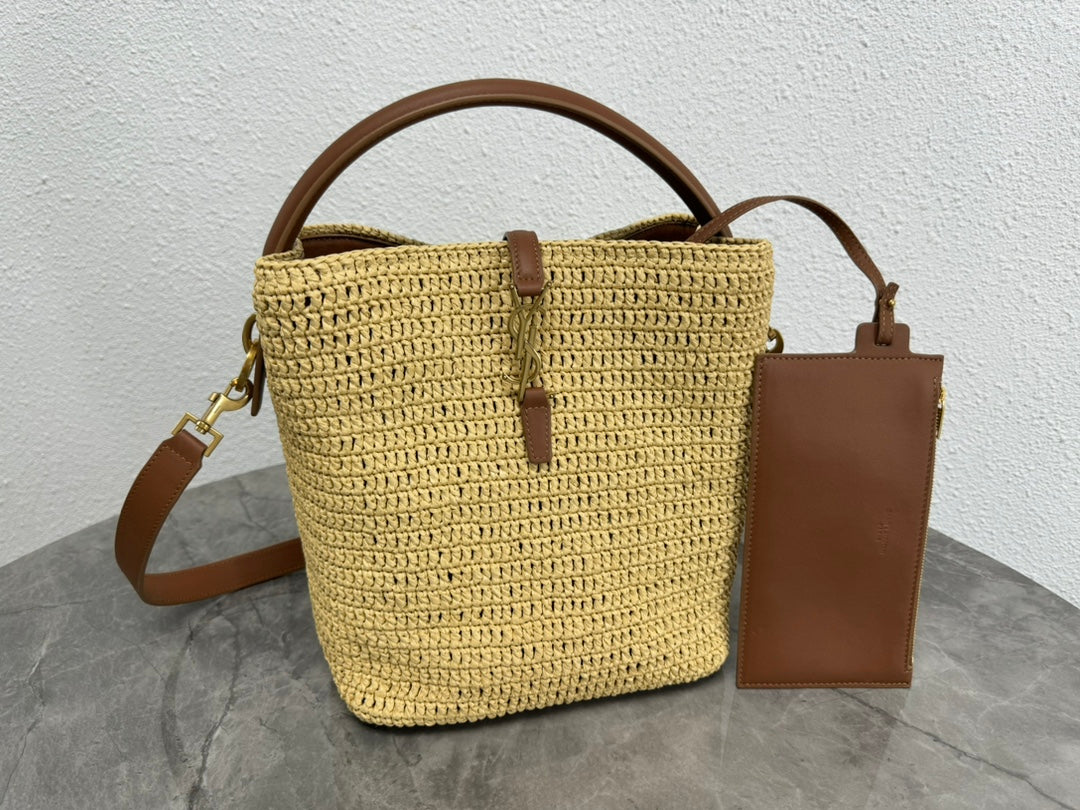 Saint Laurent Small Panier Raffia Bucket Bag with Leather Trim