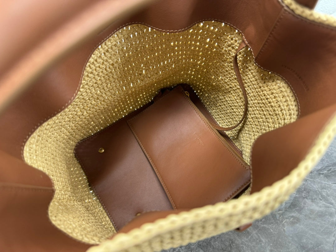 Saint Laurent Small Panier Raffia Bucket Bag with Leather Trim