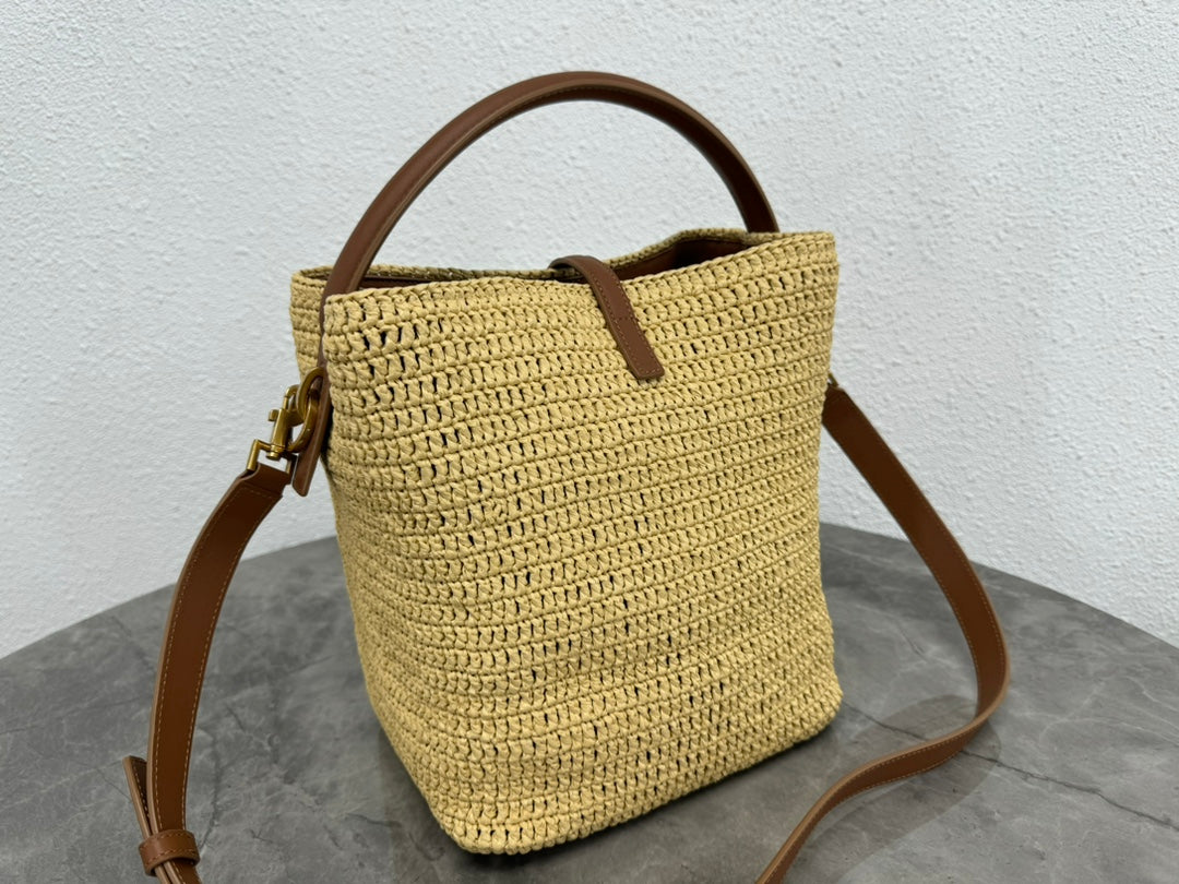 Saint Laurent Small Panier Raffia Bucket Bag with Leather Trim