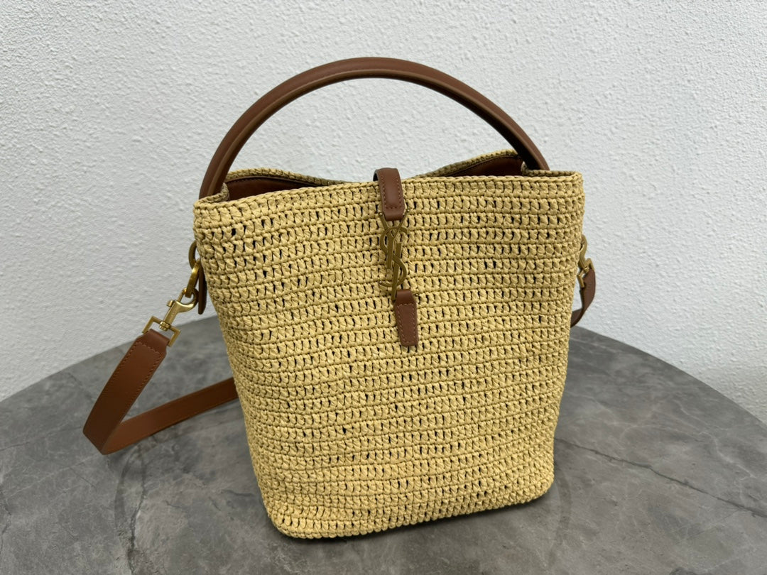 Saint Laurent Small Panier Raffia Bucket Bag with Leather Trim